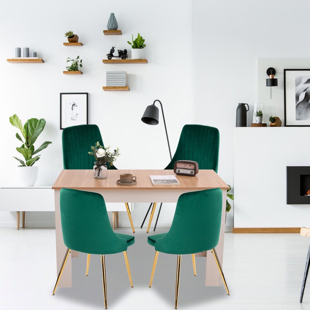 Natural Rectangular Dining Table with 4x Green Velvet Chairs