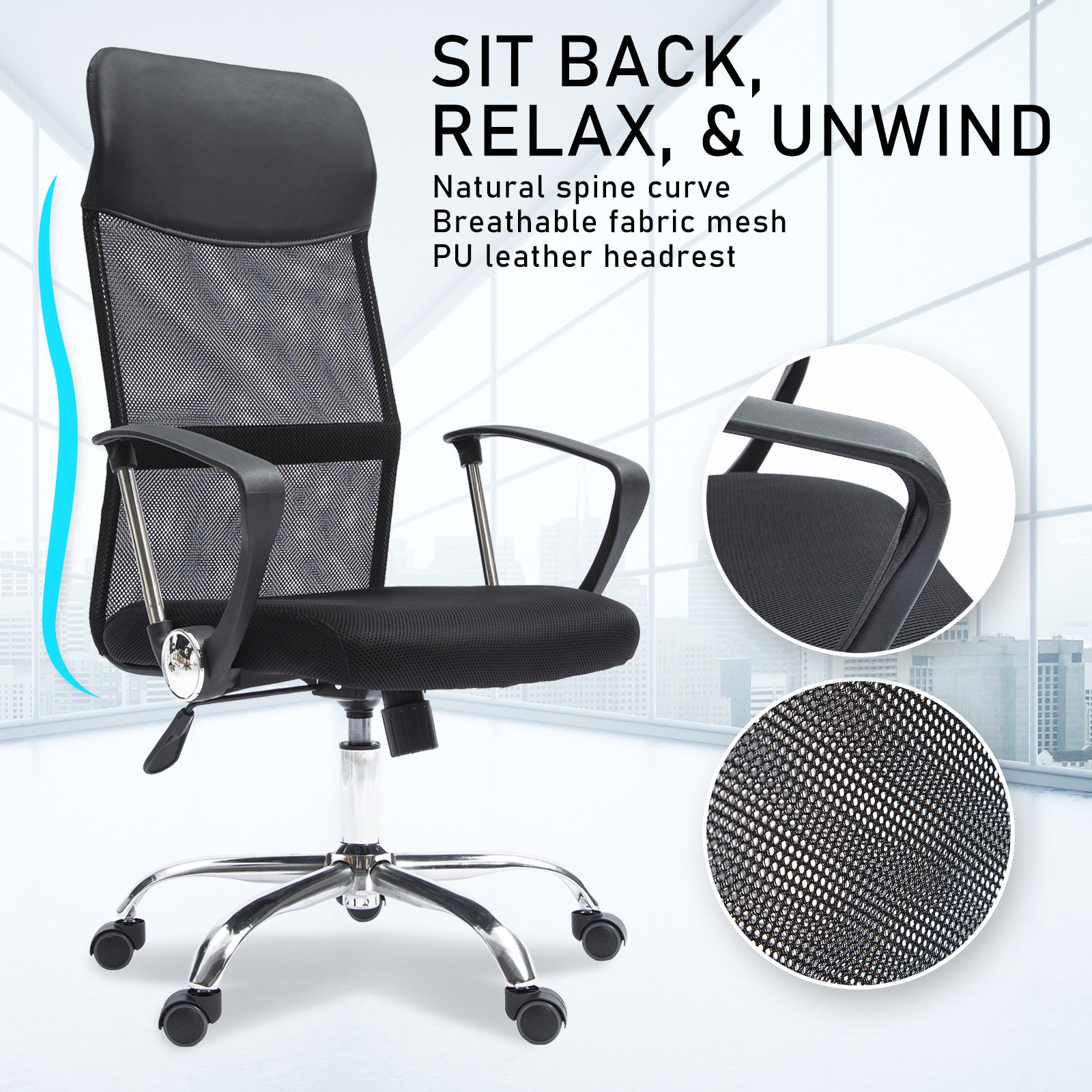 La Bella Black Office Chair Breeze Mesh High Back Tilt In-Built Lumbar