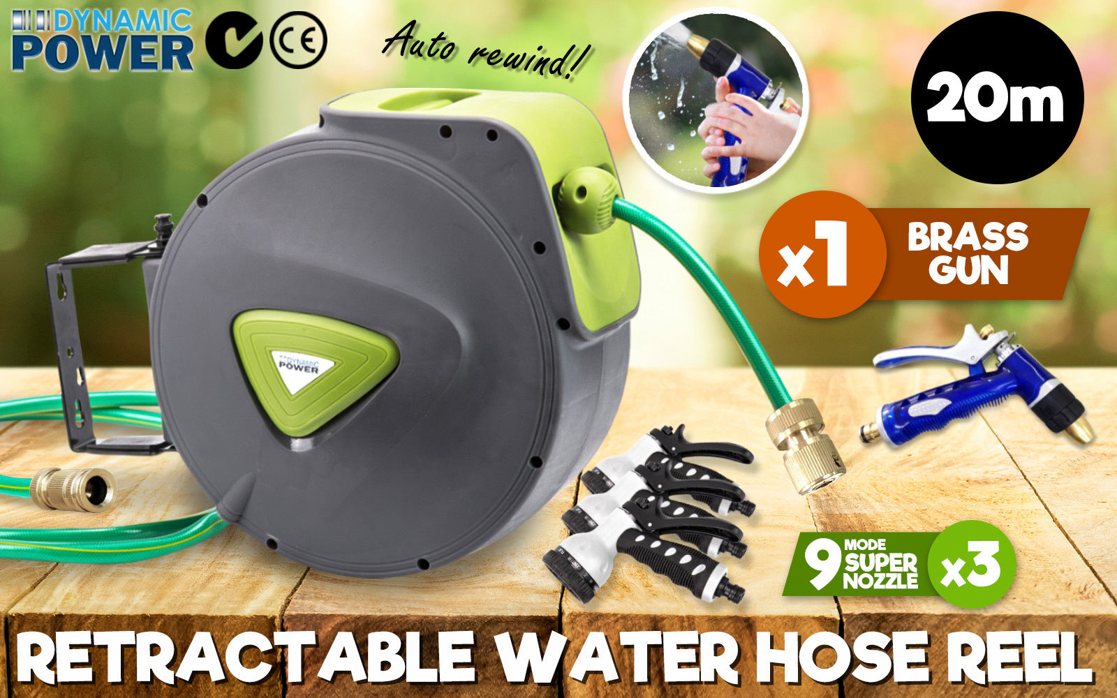 Dynamic Power Garden Water Hose 20M Retractable Rewind Reel + Brass Gun