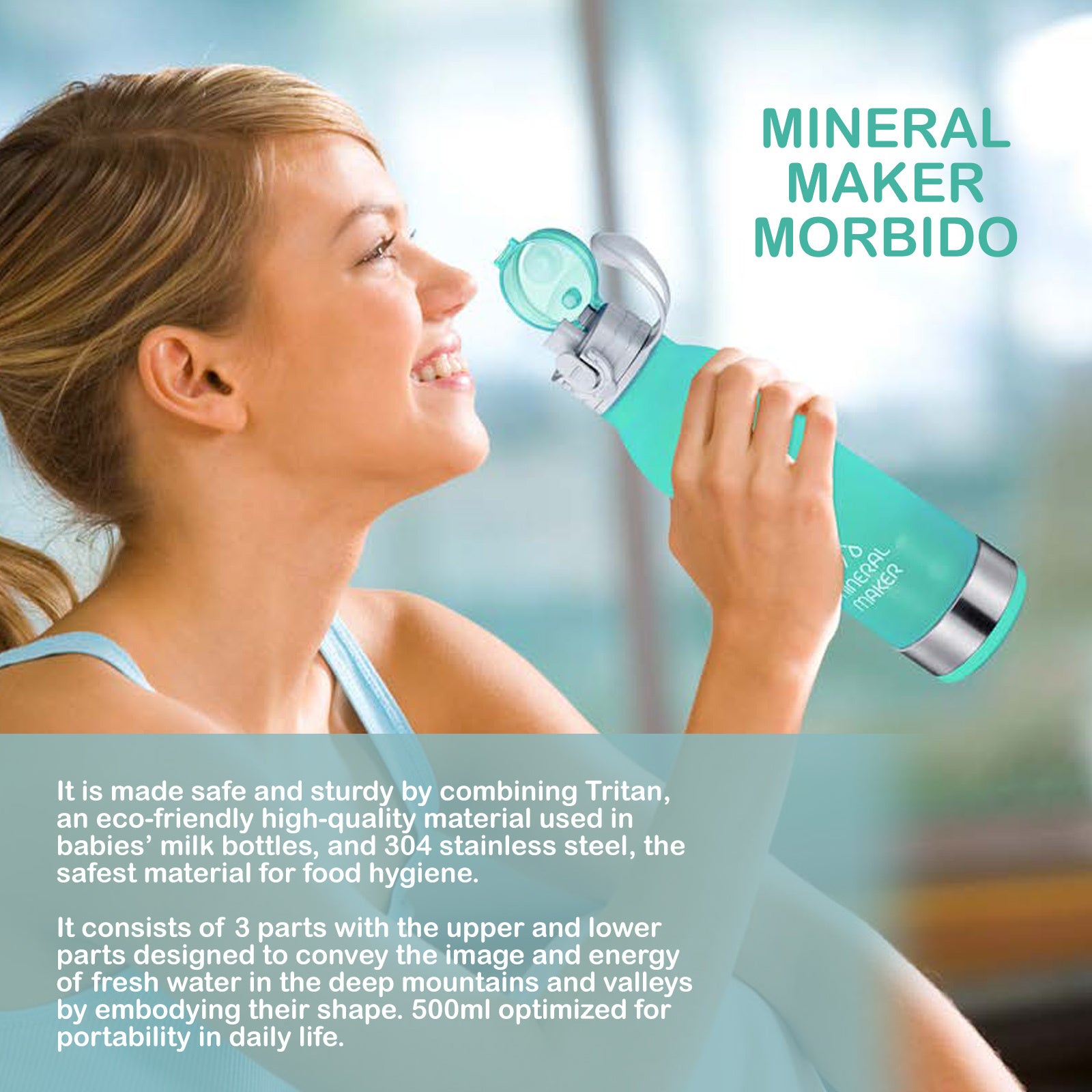 Mineral Maker MORBIDO Blue Alkaline Filter Water Bottle + a Mineral Stone Pouch