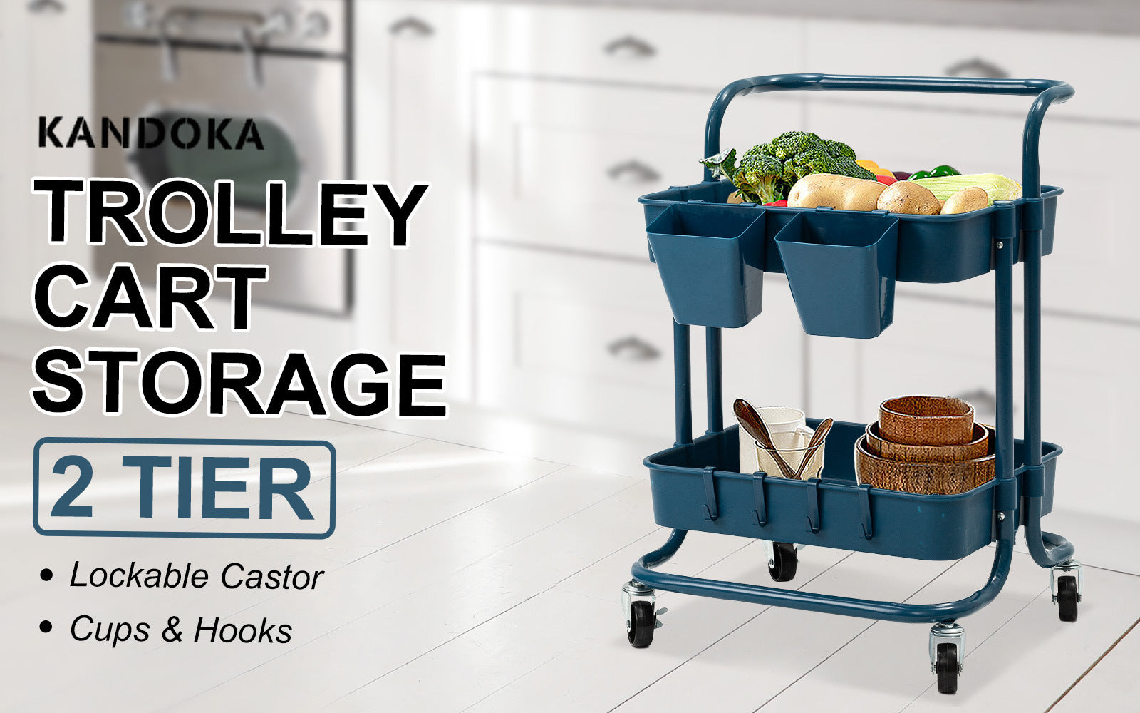 Kandoka 2 Tier Blue Trolley Cart Storage Utility Rack Organiser Swivel Kitchen