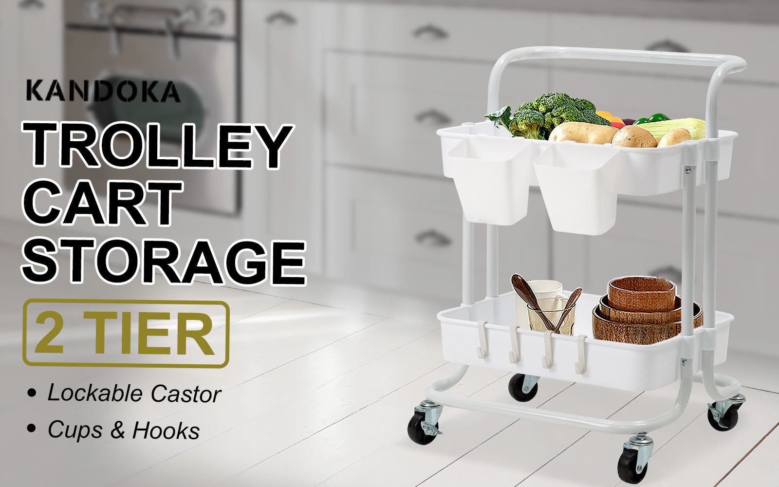 Kandoka 2 Tier White Trolley Cart Storage Utility Rack Organiser Swivel Kitchen