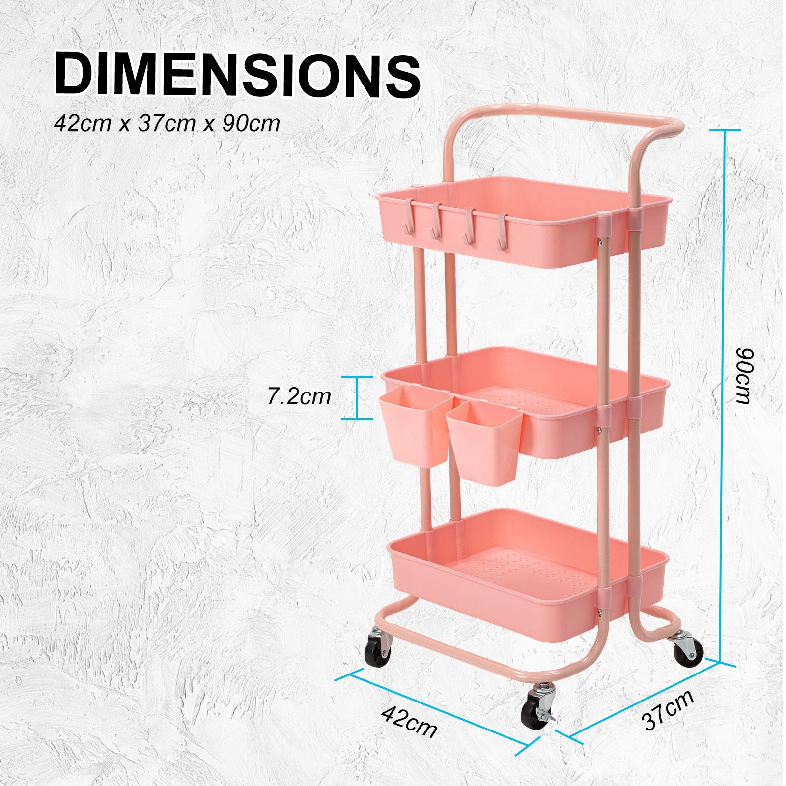 Kandoka 3 Tier Pink Trolley Cart Storage Utility Rack Organiser Swivel Kitchen