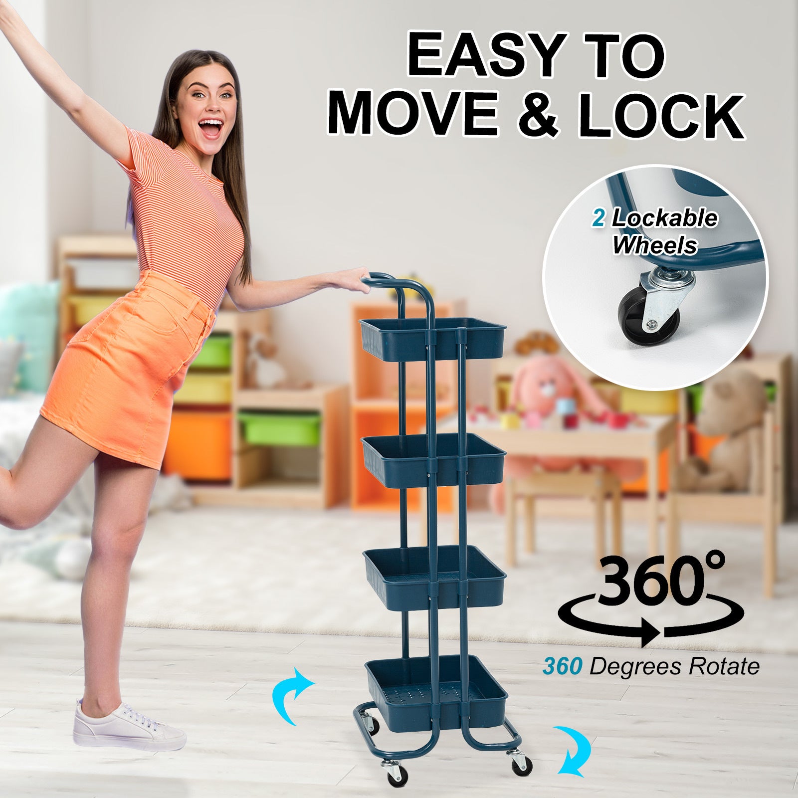 Kandoka 4 Tier Blue Trolley Cart Storage Utility Rack Organiser Swivel Kitchen