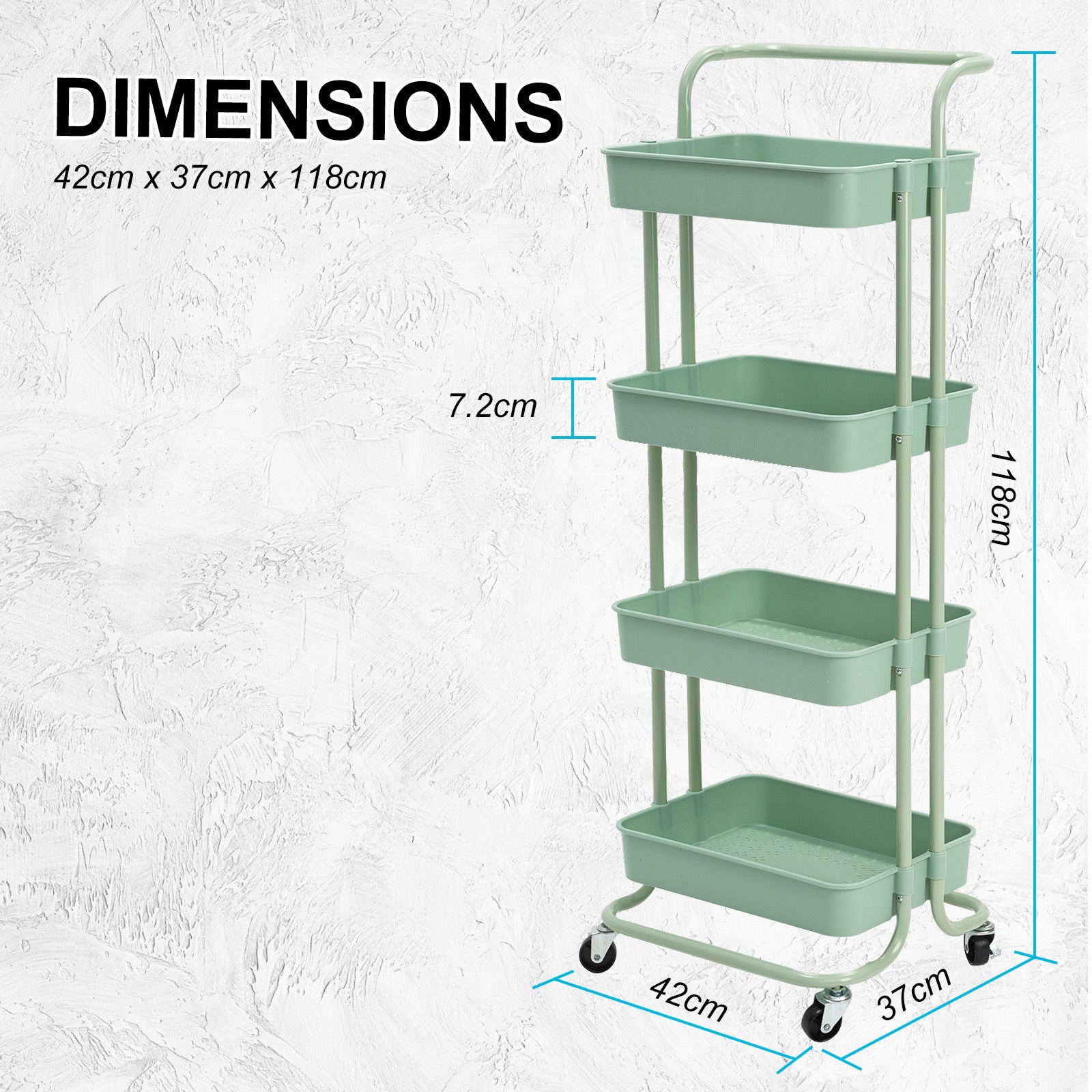 Kandoka 4 Tier Green Trolley Cart Storage Utility Rack Organiser Swivel Kitchen