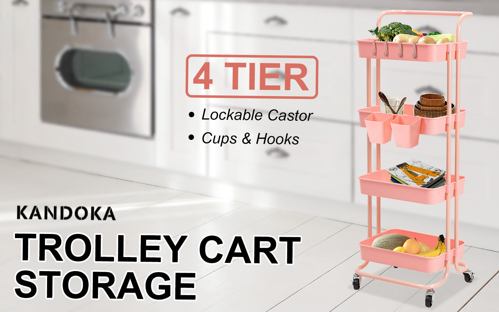 Kandoka 4 Tier Pink Trolley Cart Storage Utility Rack Organiser Swivel Kitchen