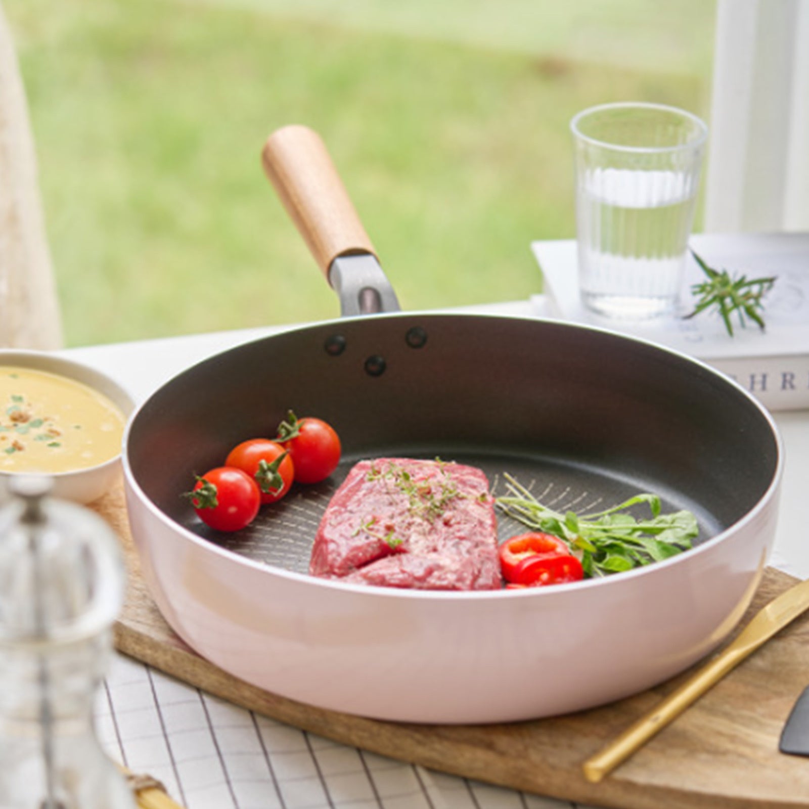 Fanjini Round 28cm Pink Stone Frypan Frying Pan Non-Stick Induction Ceramic Wood