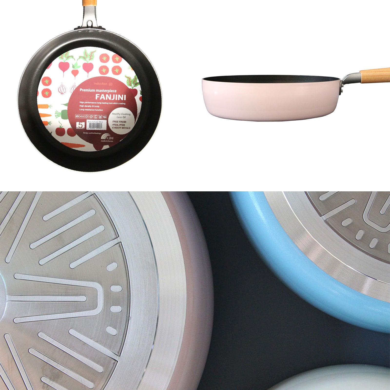 Fanjini Round 28cm Pink Stone Frypan Frying Pan Non-Stick Induction Ceramic Wood