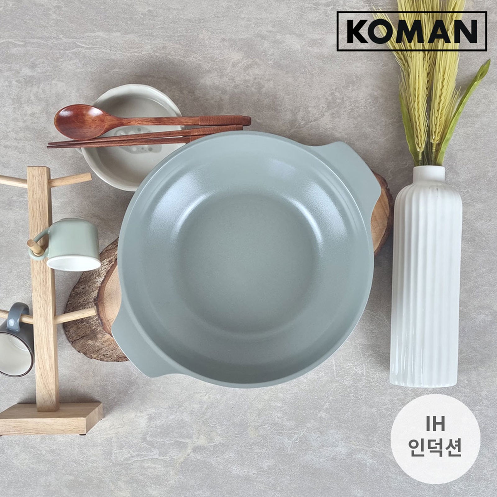 KOMAN 28cm Grey Shinewon Vinch IH Two Hands Wok Non-stick Induction Titanium Ceramic + Glass Lid