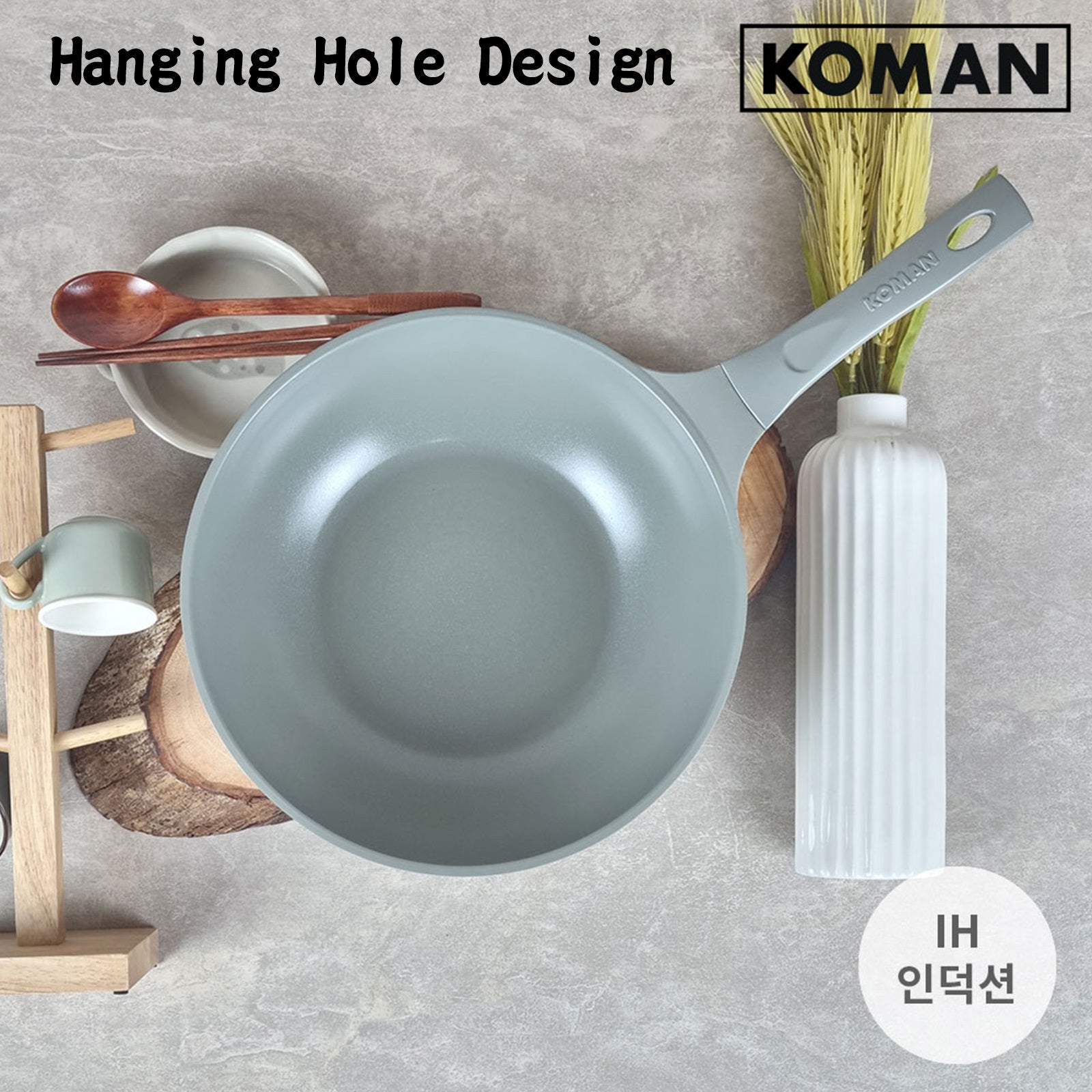 KOMAN 28cm Grey Shinewon Vinch IH Wok Wokpan Non-stick Induction Ceramic