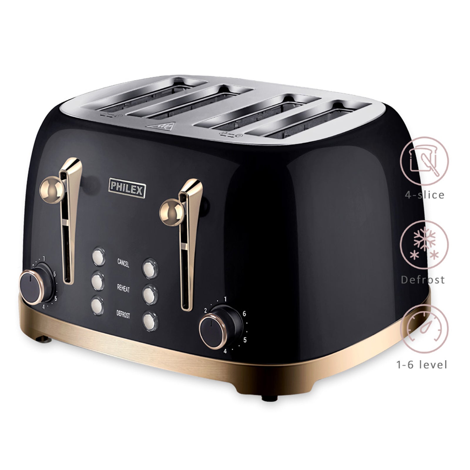 PHILEX 4-Slice Black Toaster Bread Reheat Retro