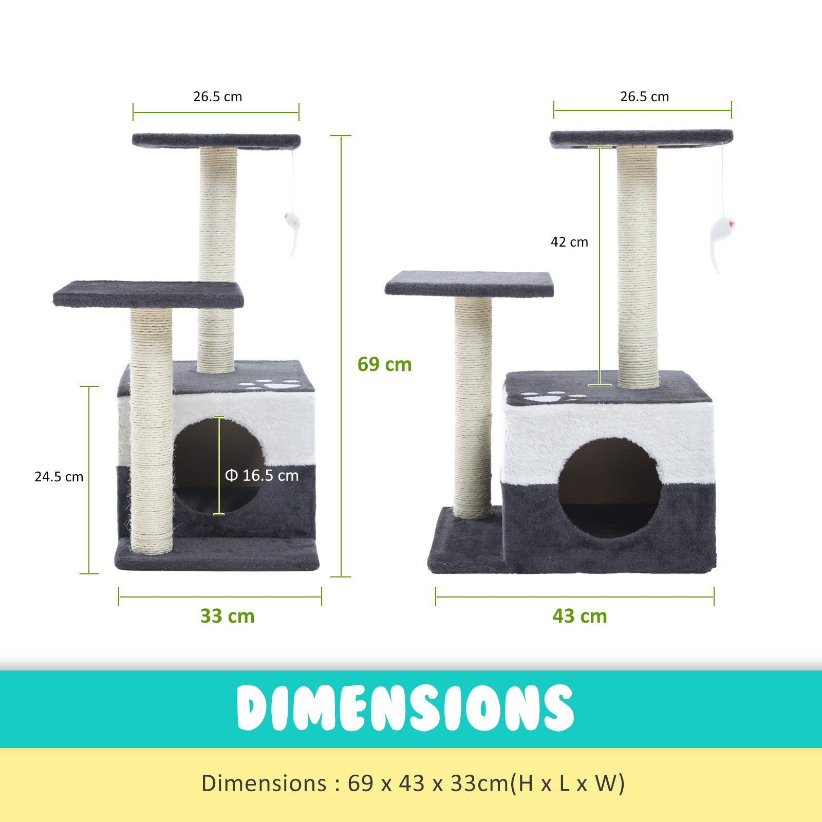 Paw Mate 69cm Grey Cat Tree Mono Multi Level Scratcher