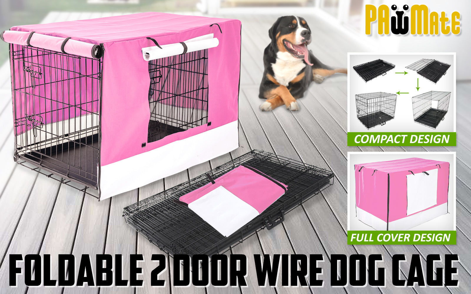 Paw Mate Wire Dog Cage Foldable Crate Kennel 24in with Tray + Pink Cover Combo