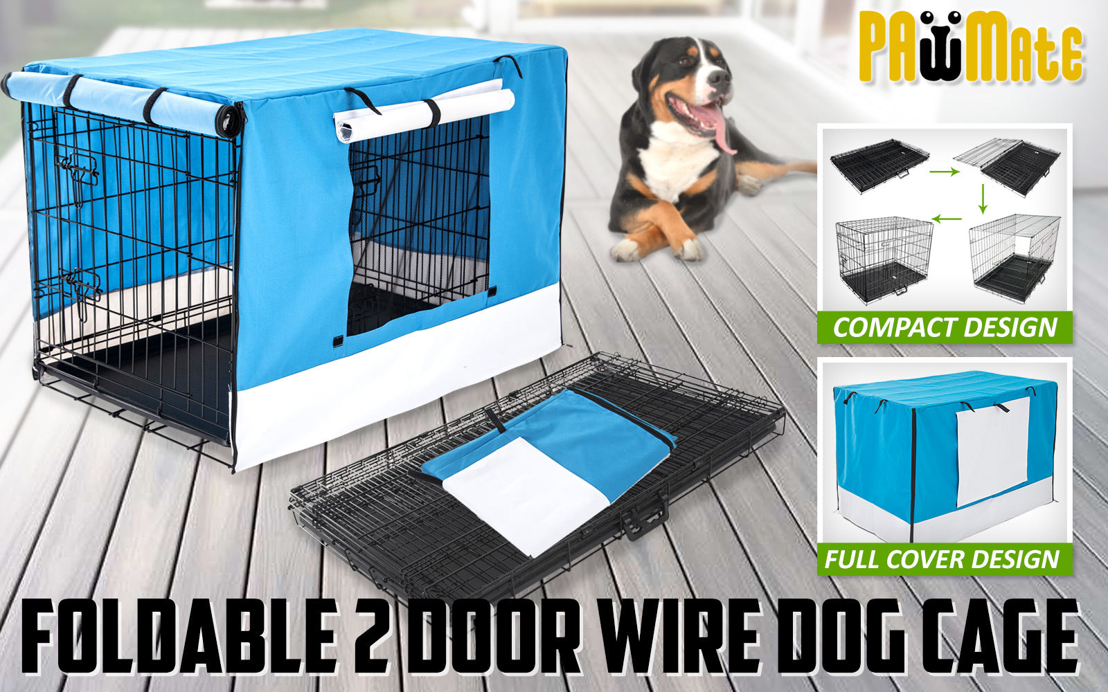 Paw Mate Wire Dog Cage Foldable Crate Kennel 30in with Tray + Blue Cover Combo