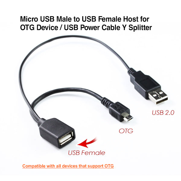 Micro USB Male to USB Female Host for OTG Device / USB Power Cable Y Splitter