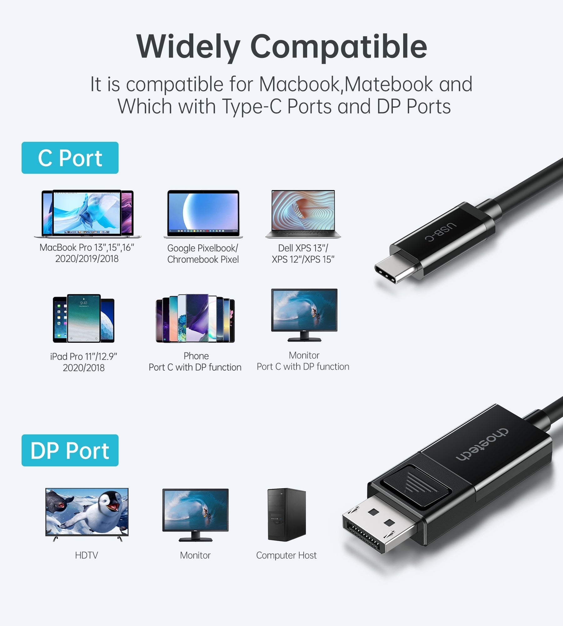 CHOETECH XCP-1803 USB-C To DisplayPort Cable 8K@30Hz 1.8M Two-Way