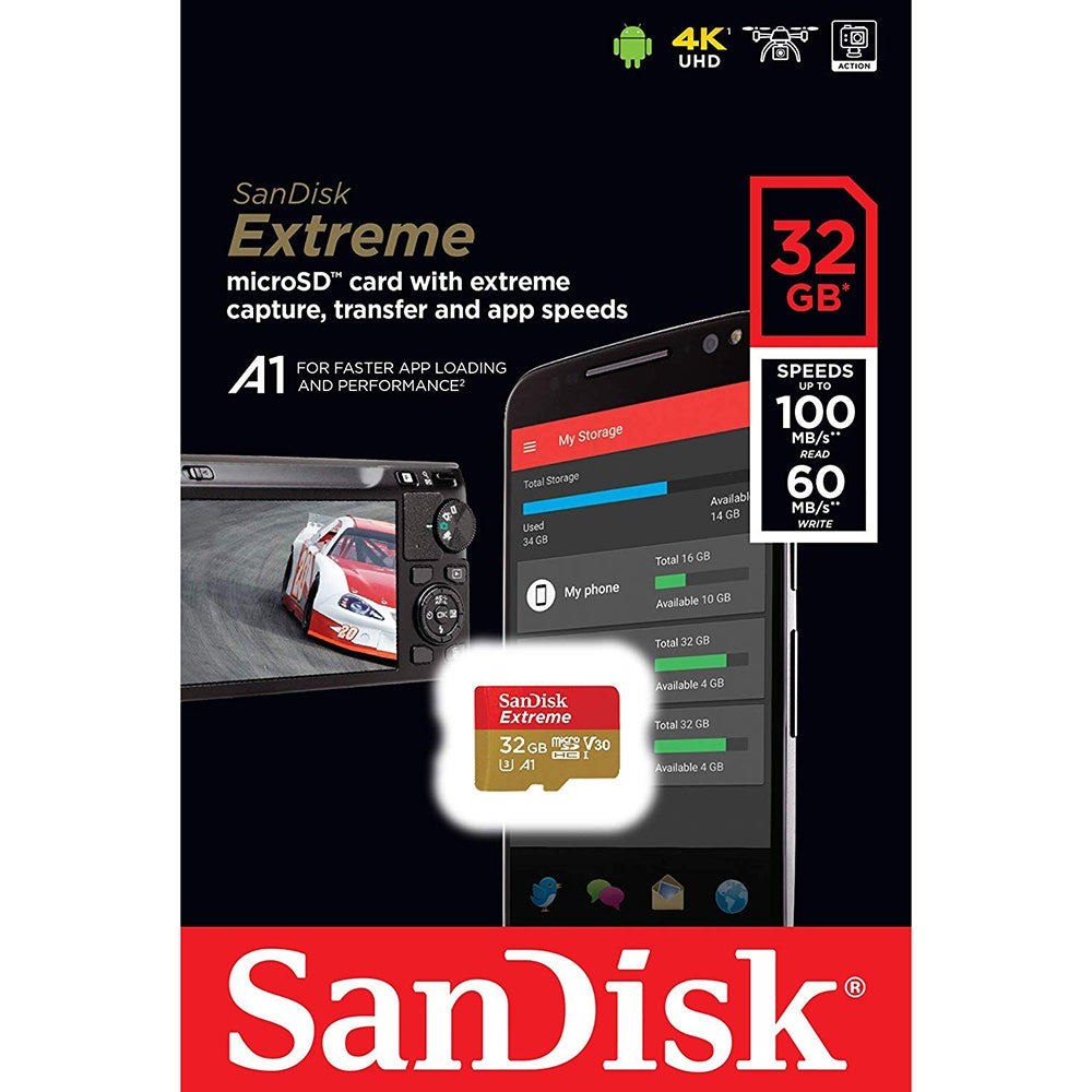 SANDISK SDSQXAF-032G-GN6MN 32GB MICRO SDHC EXTREME A1 V30, UHS-I/ U3, 100MB/s ,NO  SD ADAPTER