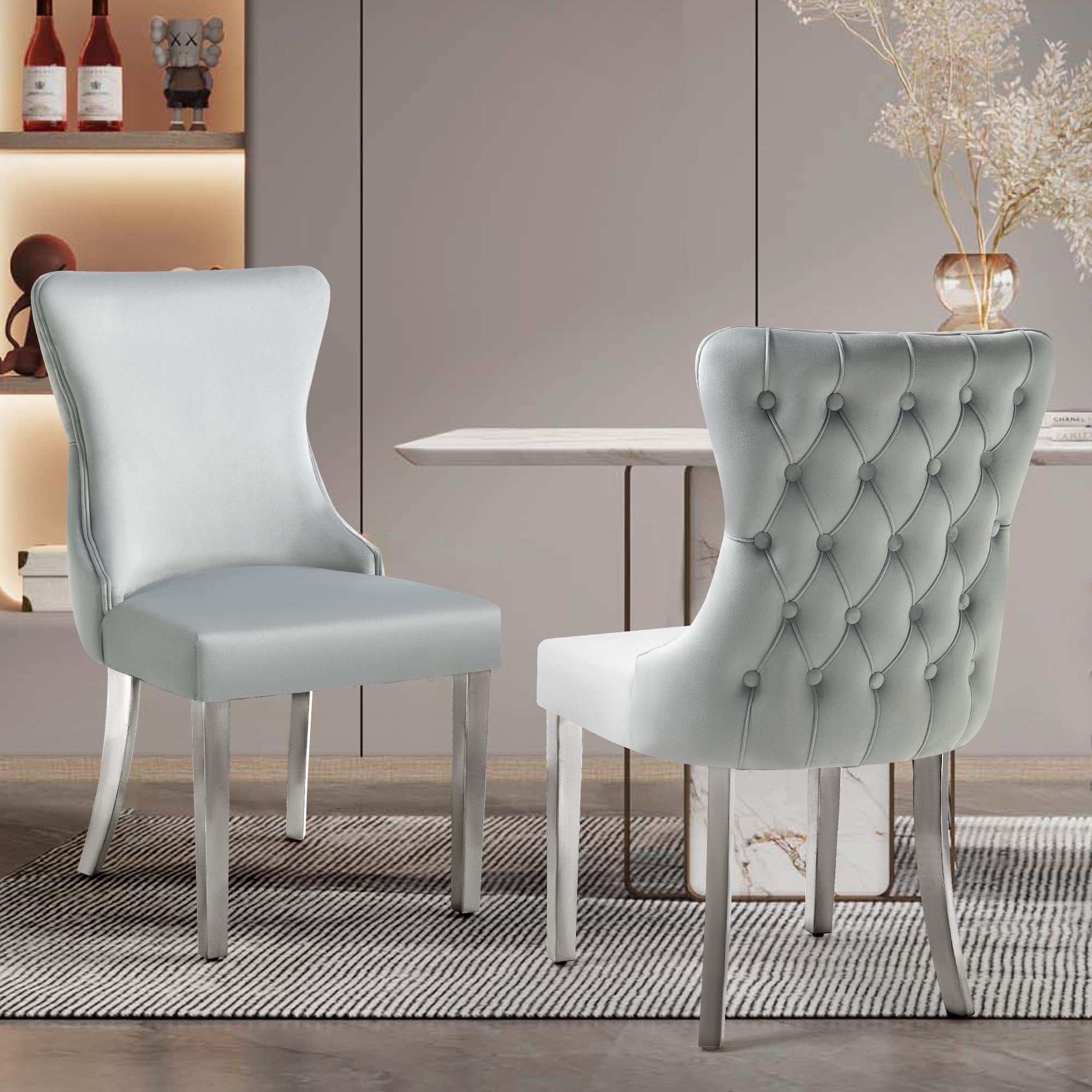 Paris Light Grey Velvet  & Silver Polished Steel Upholstered Dining Chairs Tufted Back - Set of 2