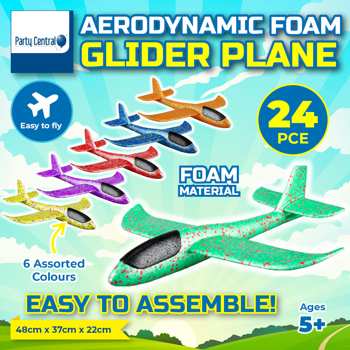 Party Central 24PCE Aerodynamic Foam Glider Planes Various Colours 37 x 48cm