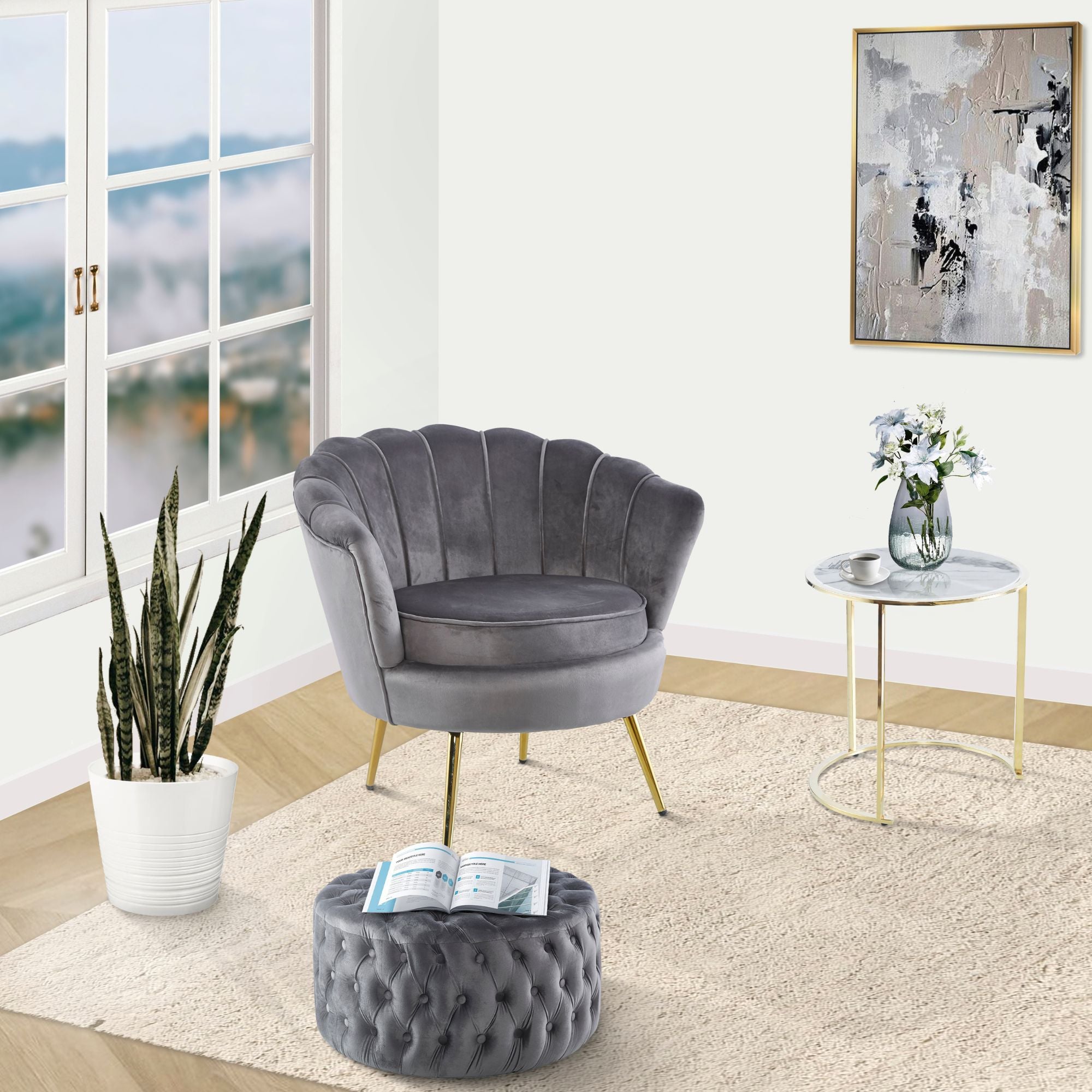 Bloomer Velvet Fabric Accent Sofa Love Chair Round Ottoman Set - Grey