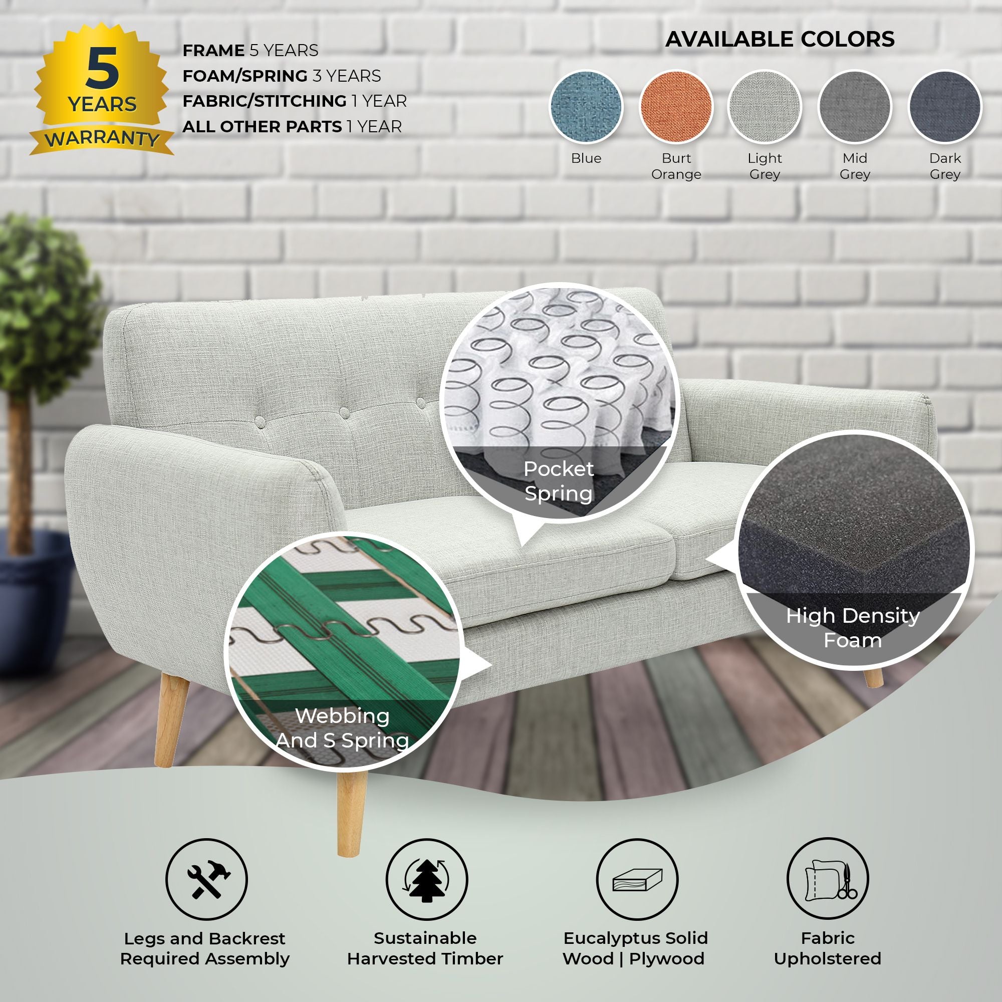 Dane 3 + 1 + 1 Seater Fabric Upholstered Sofa Armchair Lounge Couch - Light Grey