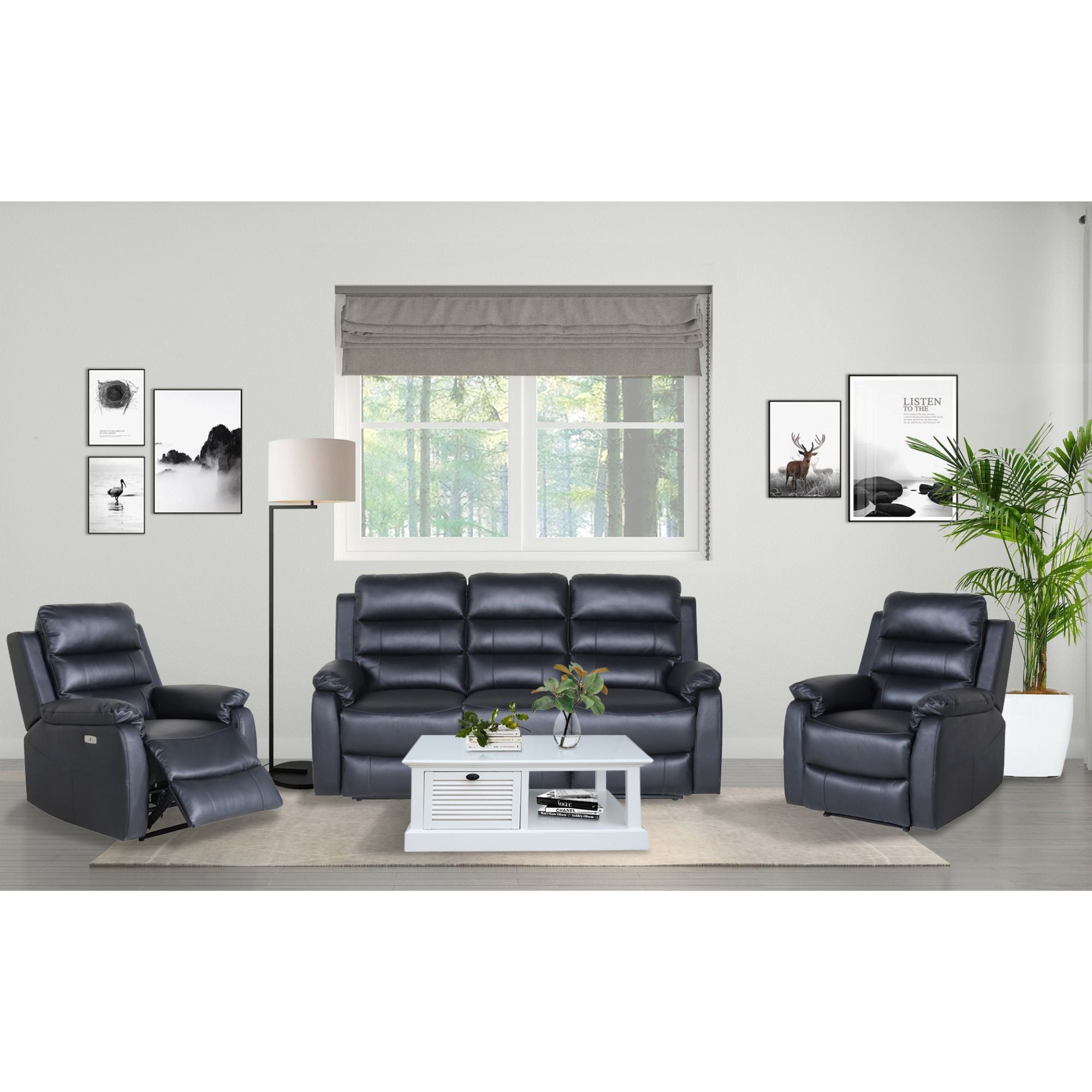 Royal 3pc 5 Seater Leather Electric Recliner Home Theatre Sofa Lounge Set Black