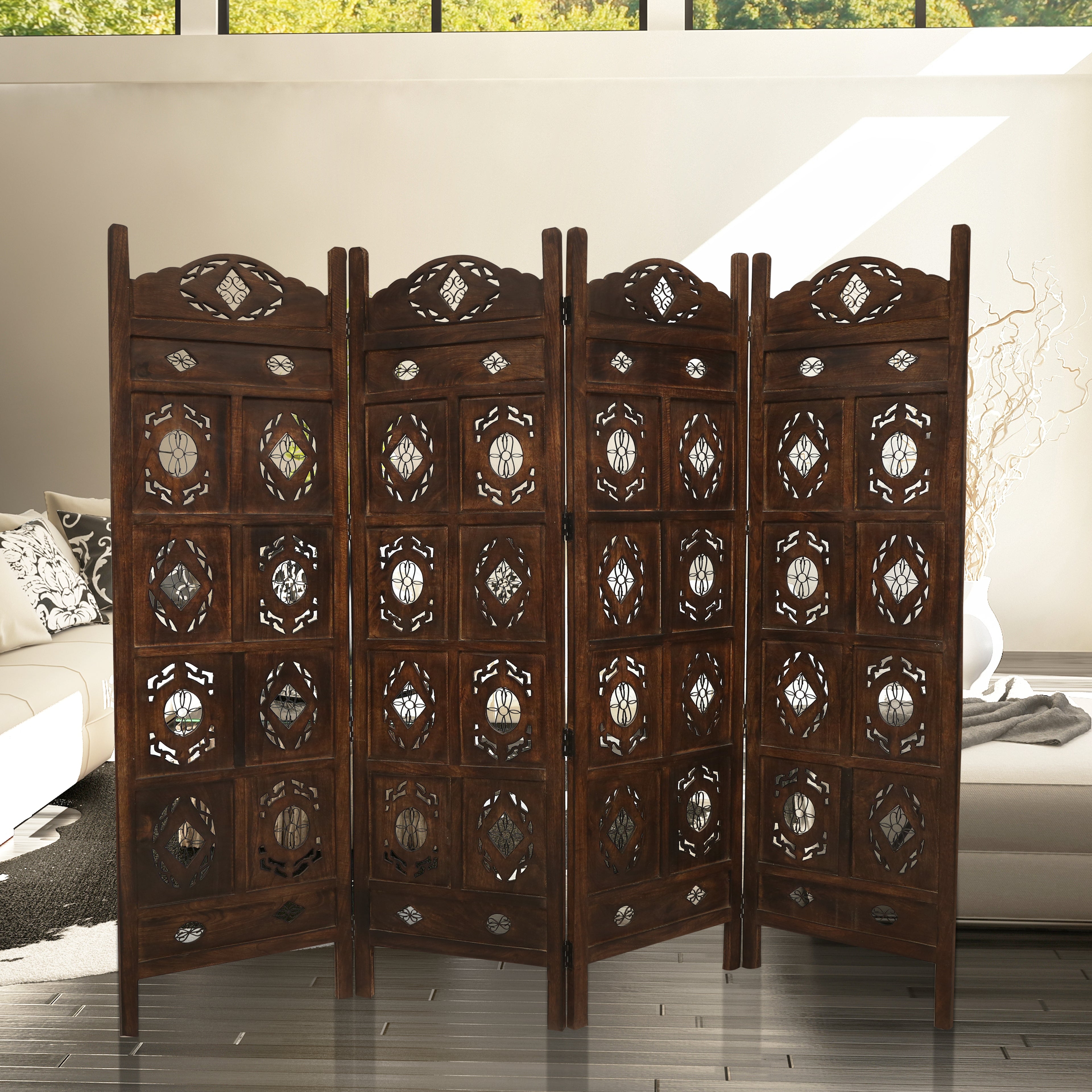 Iron Jali 4 Panel Room Divider Screen Privacy Shoji Timber Wood Stand - Burnt