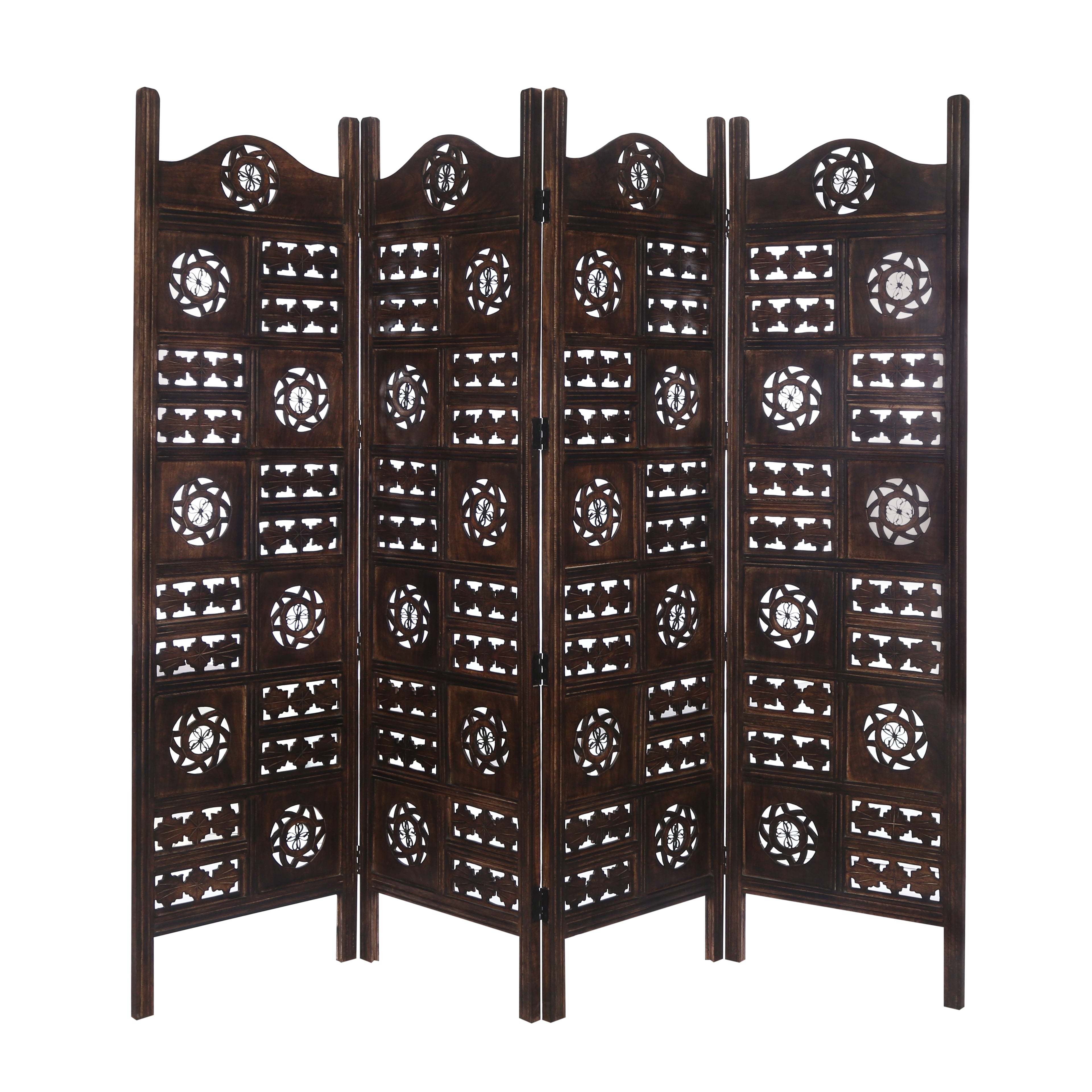 Circle Jali 4 Panel Room Divider Screen Privacy Shoji Timber Wood Stand - Burnt