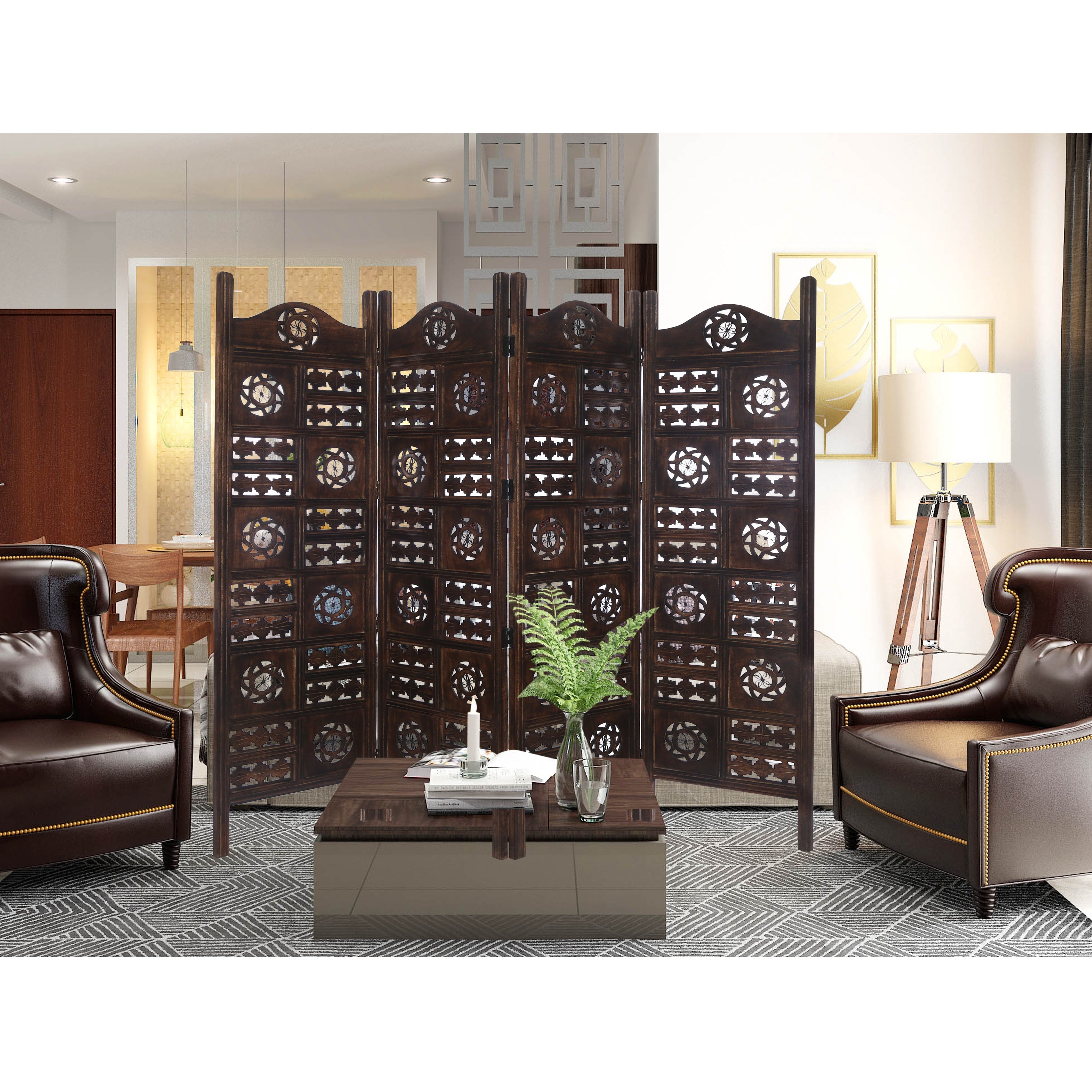 Circle Jali 4 Panel Room Divider Screen Privacy Shoji Timber Wood Stand - Burnt