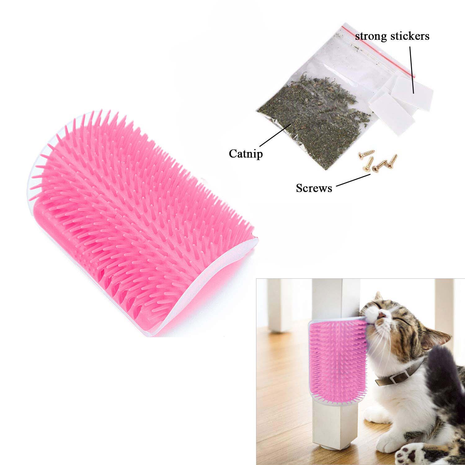 Cat Self Groomer Catnip  Dog Cat Toy Corner Groomer Wall Corner Scratcher Comb Grooming Massage Brush Pink