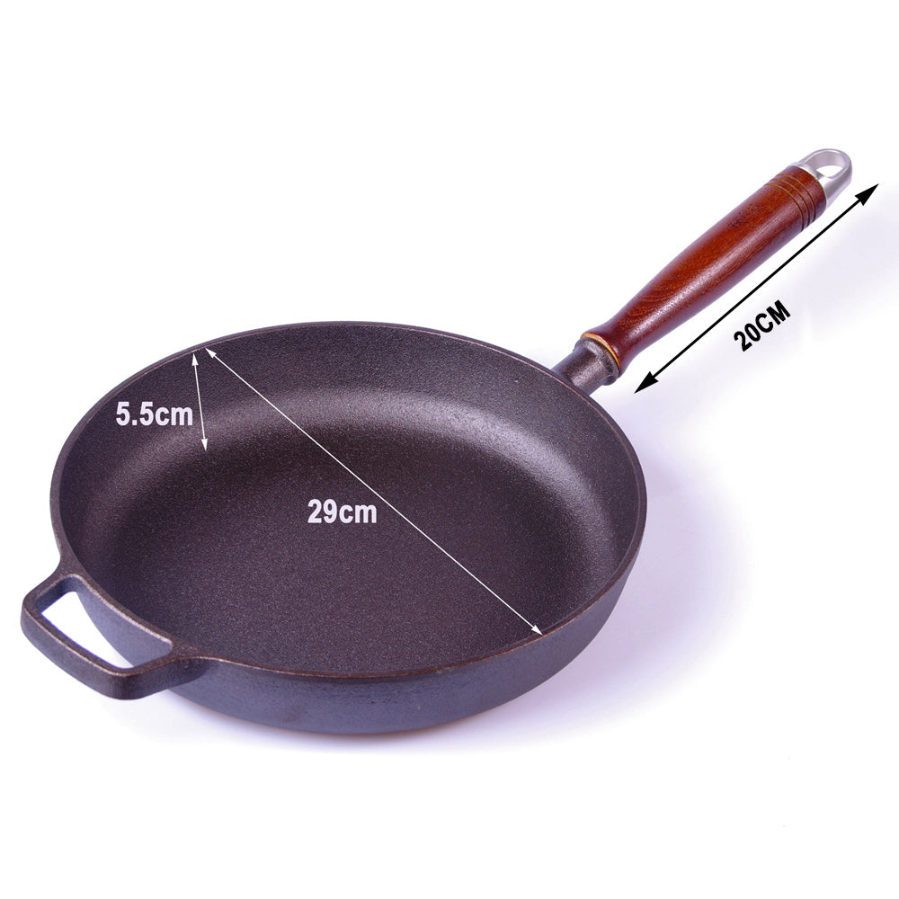 Pre-Seasoned 29cm Cast Iron Fry Pan Cookware Heat-Resistant Wooden Handle