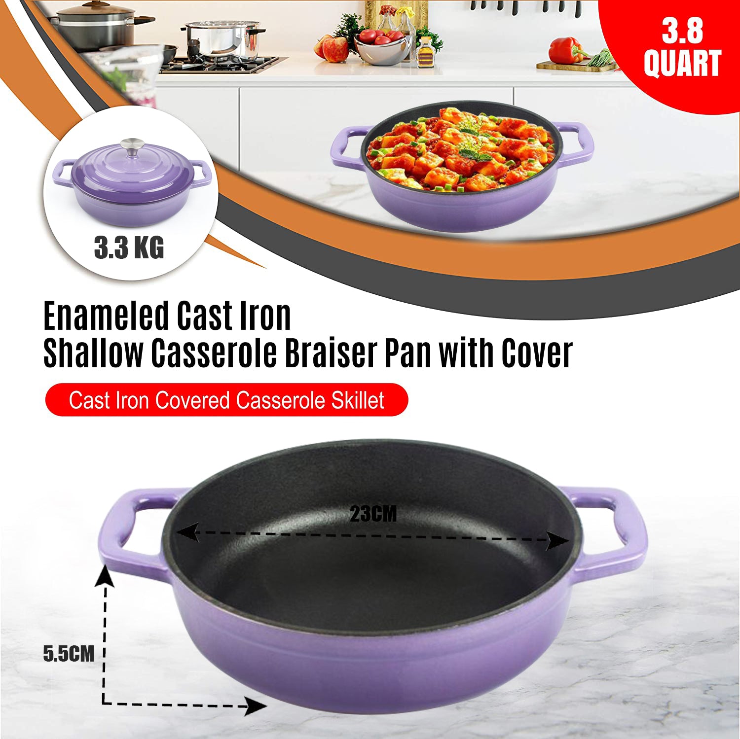 Enameled Cast Iron Cookware Casserole Braiser Pan, Round CastIron Skillet lid for Oven