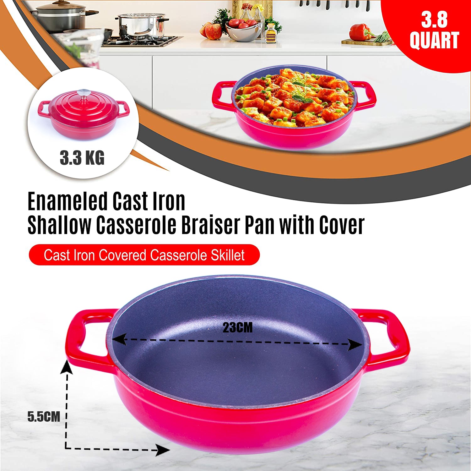 Enameled Cast Iron Cookware Casserole Braiser Pan, Round CastIron Skillet lid for Oven Red