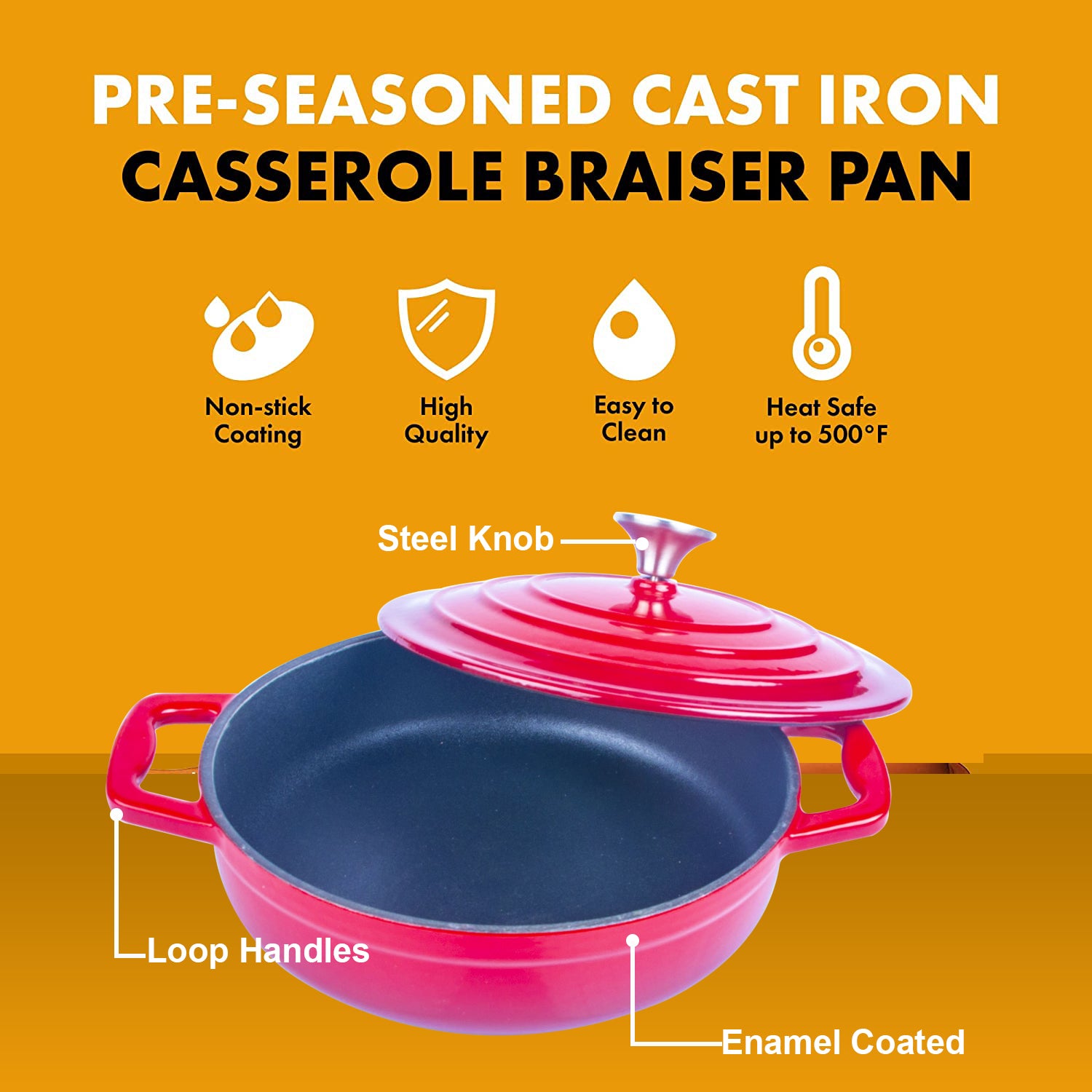 Enameled Cast Iron Cookware Casserole Braiser Pan, Round CastIron Skillet lid for Oven Red