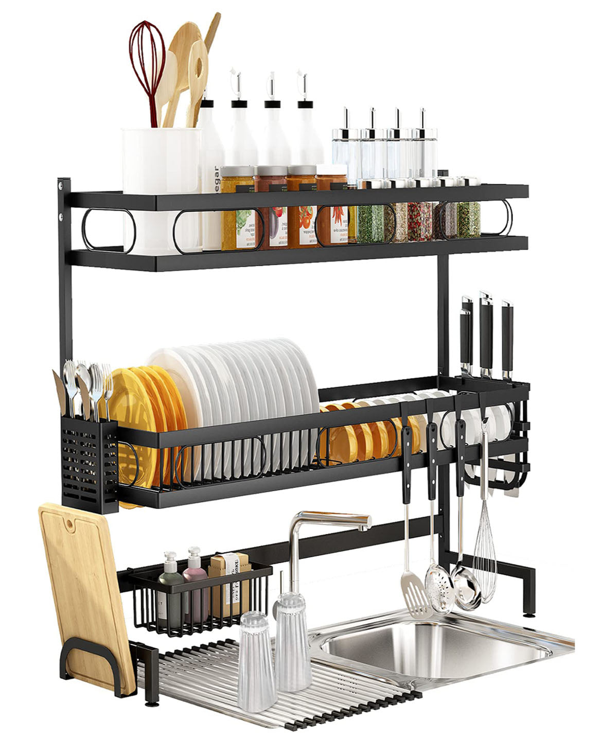 65cm 3 tier Over Single Sink Dish Drying Rack Drainer Kitchen Cutlery Holder Storage Organizer