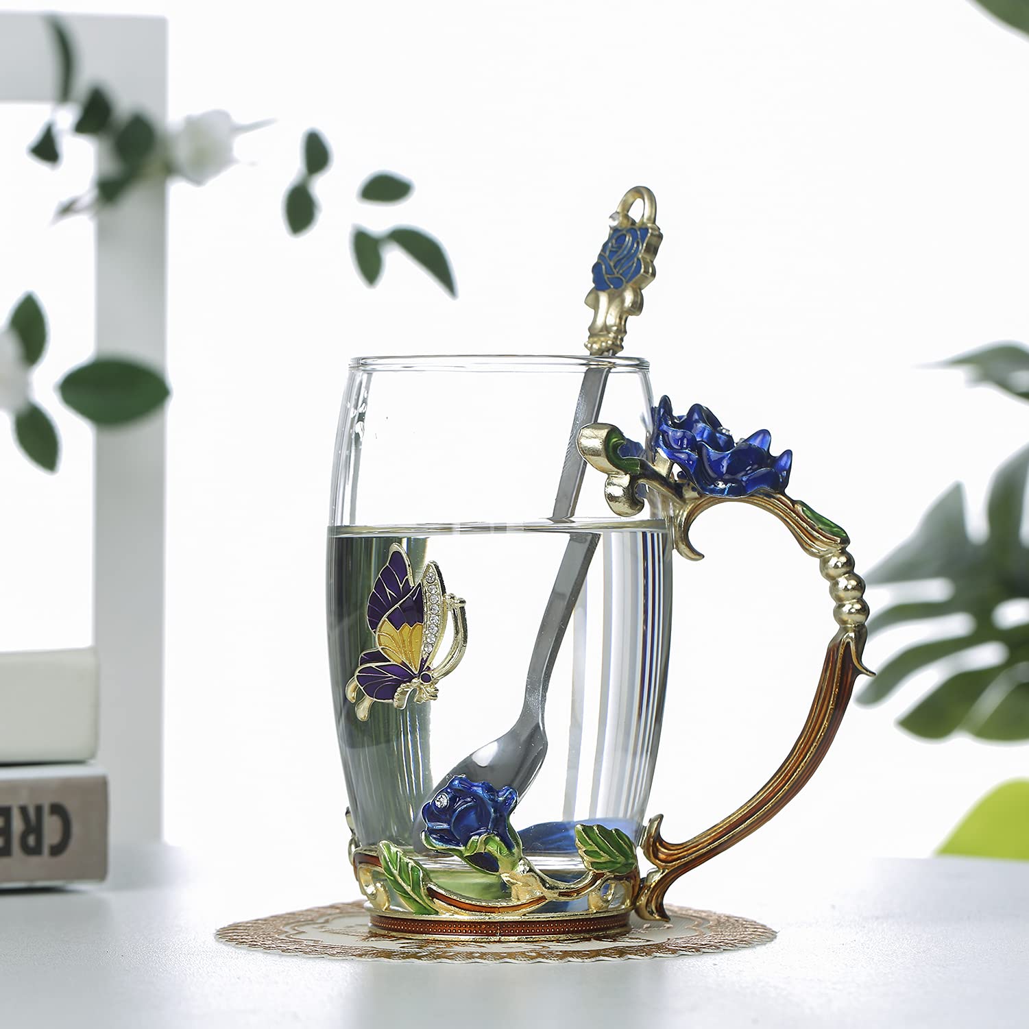 Hand Made Enamel daisy Flower Glass Coffee Mug Tea Cup Spoon Gift Idea Blue