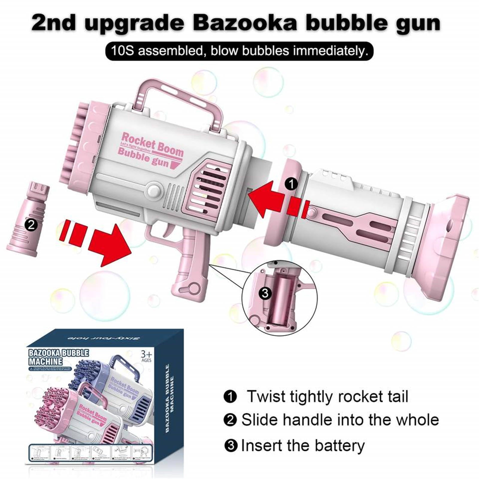 Bubblerainbow 64 Hole Electric Bubble Machine Hand-Held Rocket Gatling Bubble Gun Toy Pink