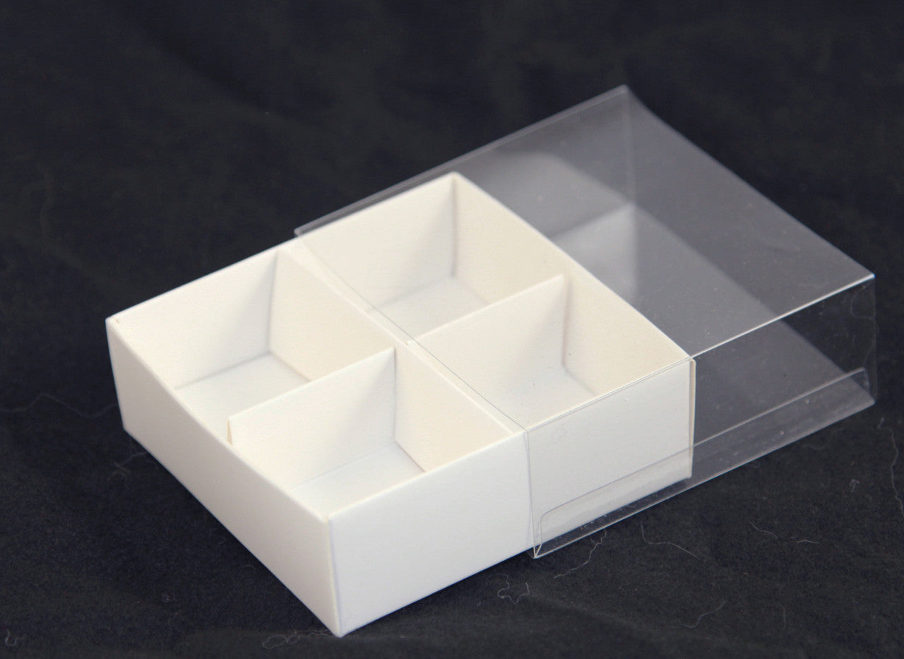 10 Pack of White Card Chocolate Sweet Soap Product Reatail Gift Box - 4 Bay Compartments - Clear Slide On Lid - 8x8x3cm