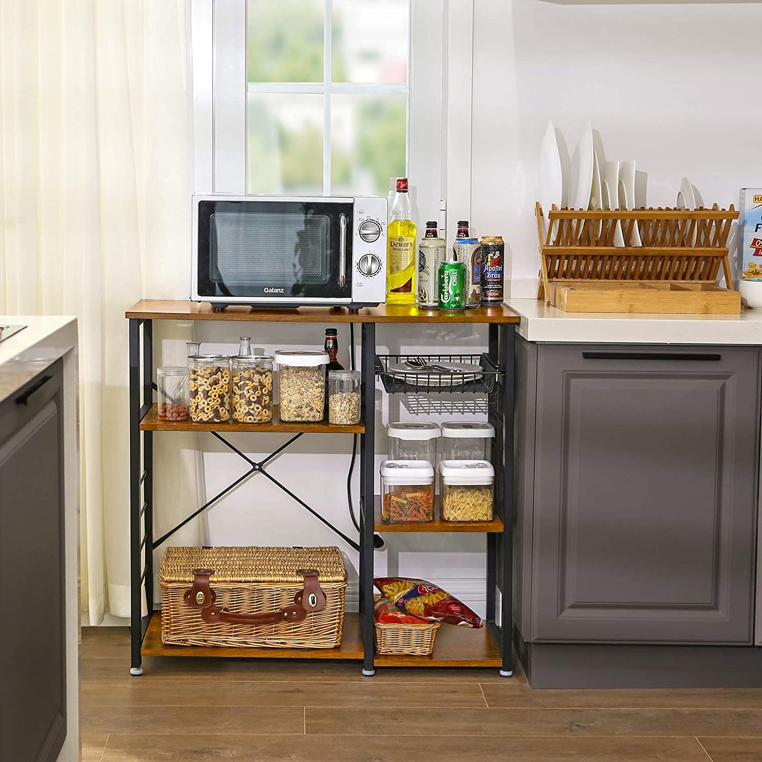 VASAGLE Kitchen Storage Shelves with Wire Basket and 6 S-Hooks