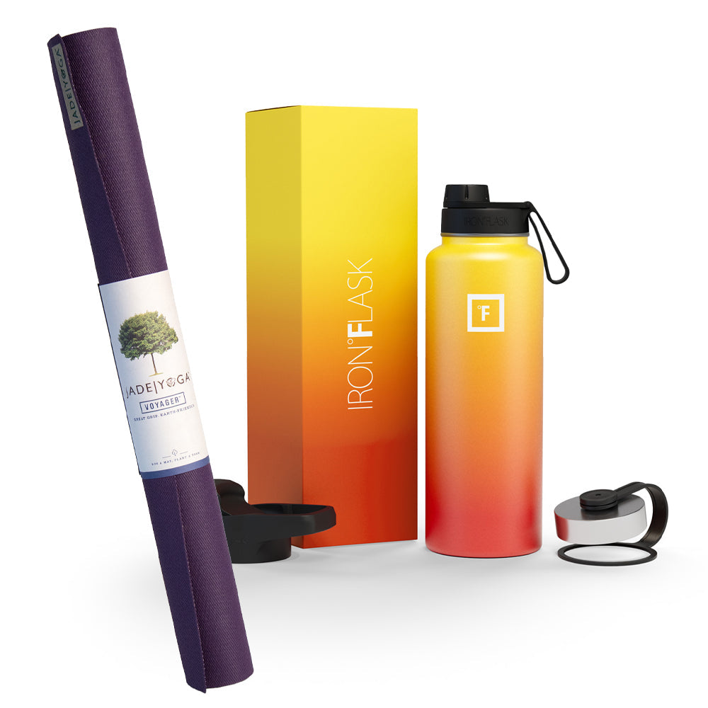 Jade Yoga Voyager Mat - Purple & Iron Flask Wide Mouth Bottle with Spout Lid, Fire, 32oz/950ml Bundle