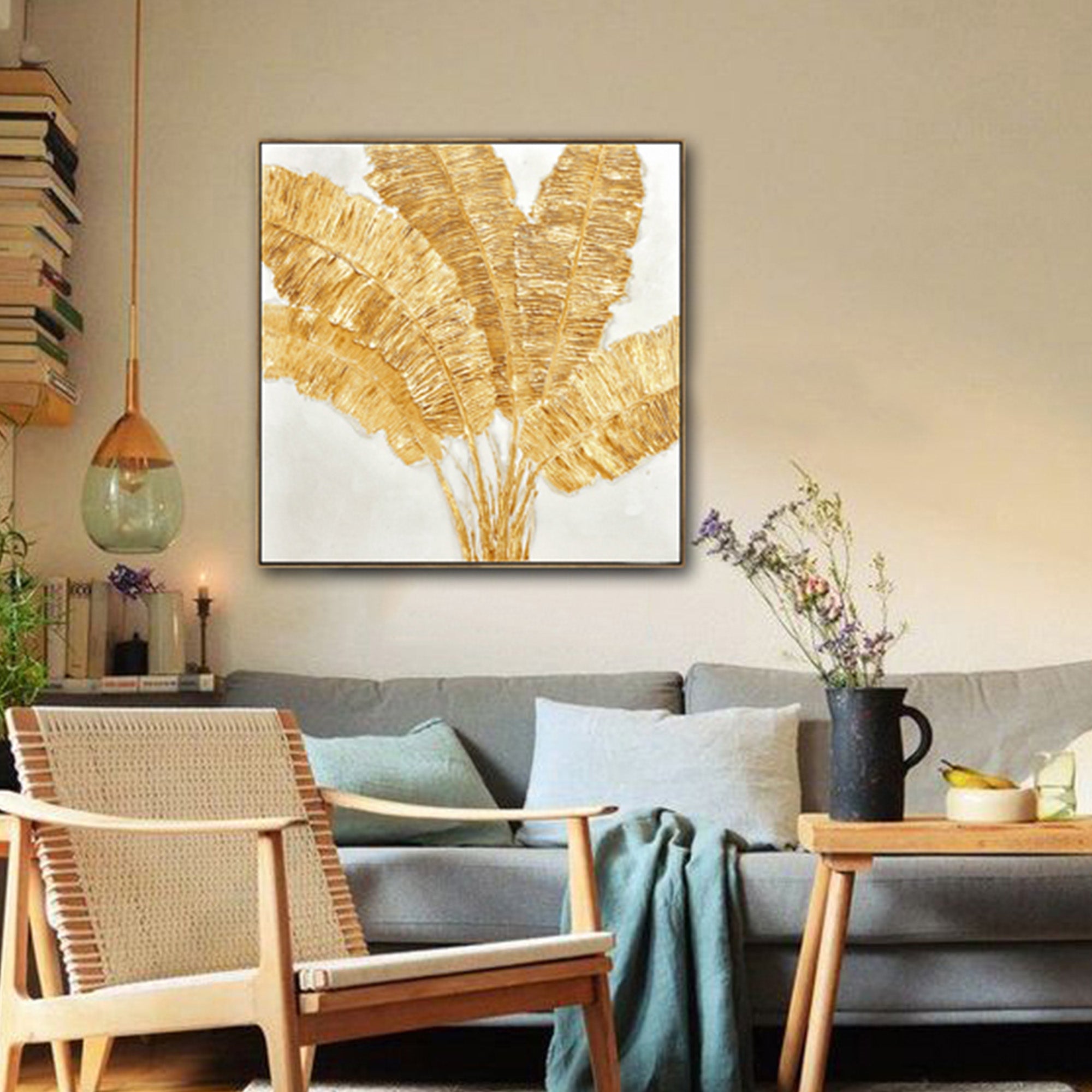 100X100cm Lustrous Leaves Dark Wood Framed Hand Painted Canvas Wall Art