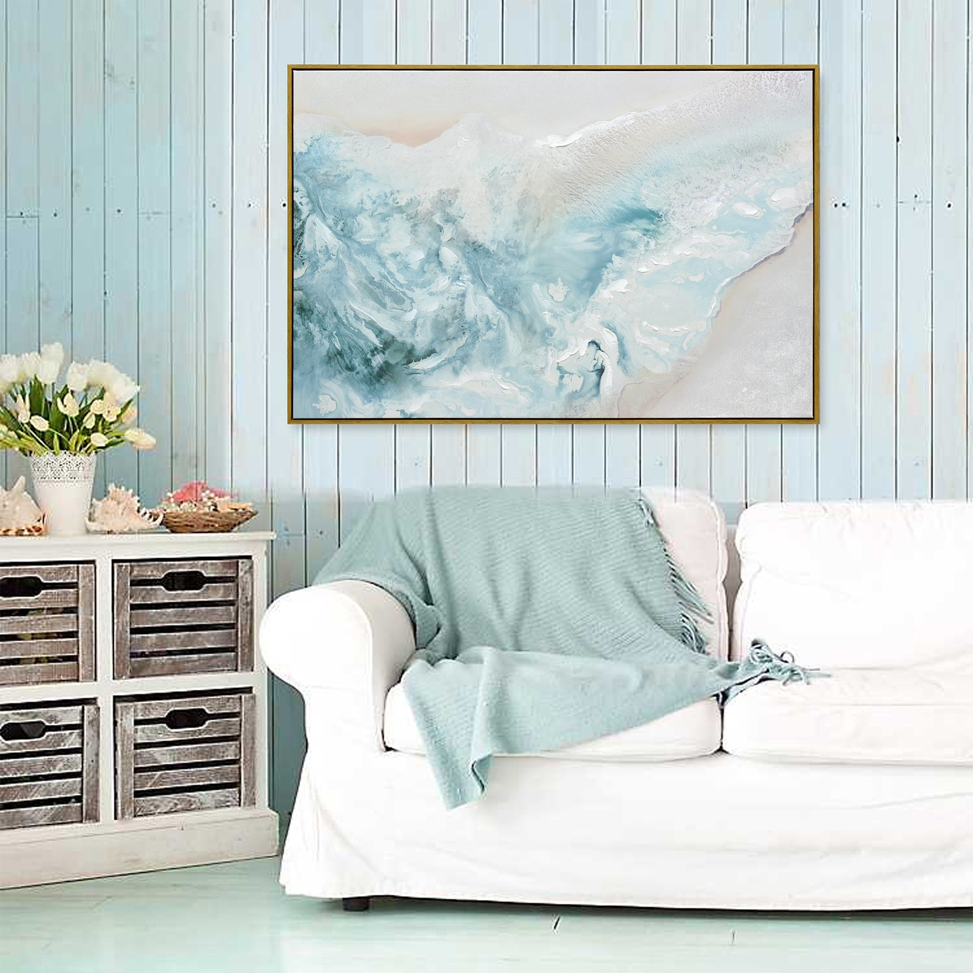 120X80cm Wave's Embrace Dark Wood Framed Canvas Wall Art