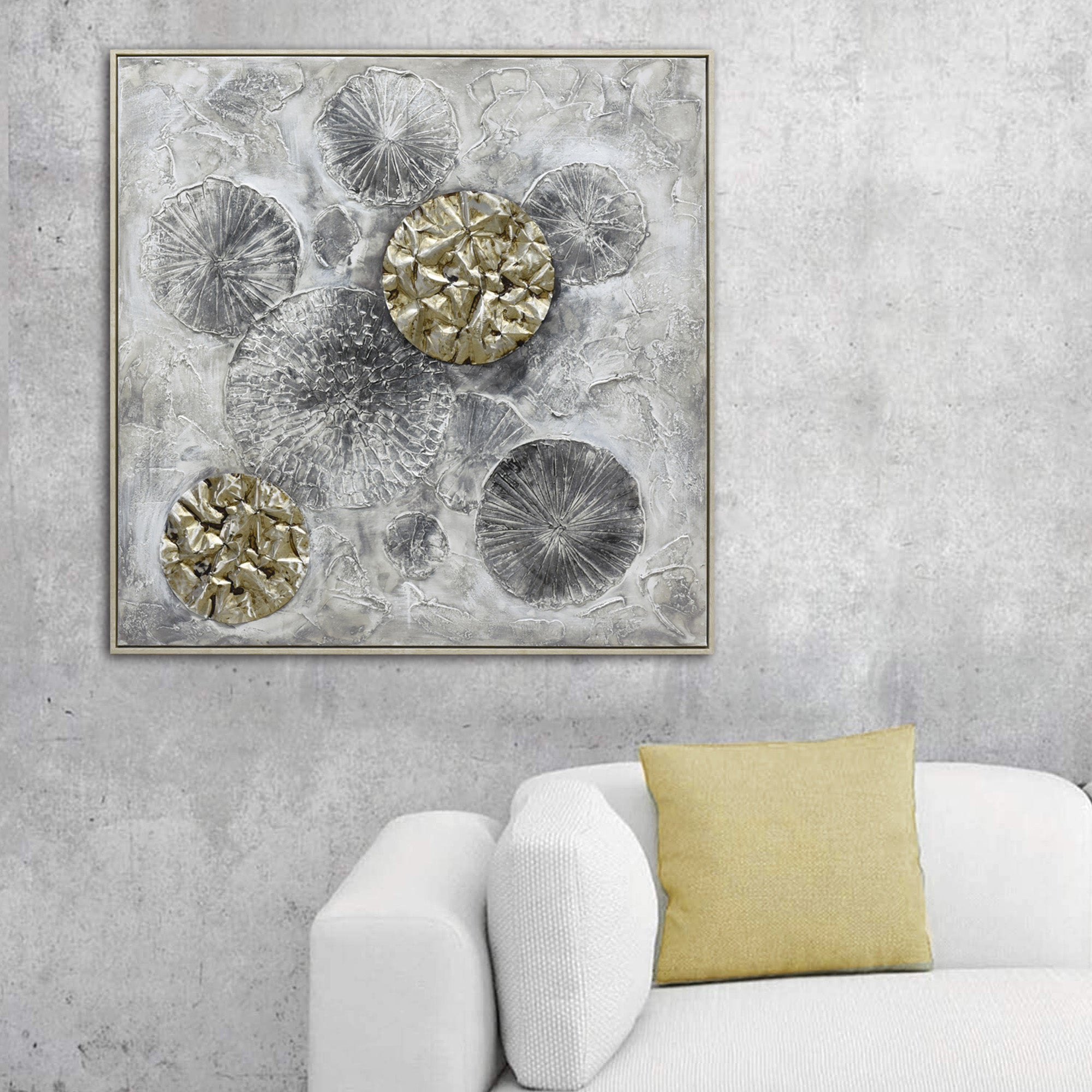 100X100cm Golden Orbs Amidst Ethereal Mists Light Wood Framed Hand Painted Canvas Wall Art