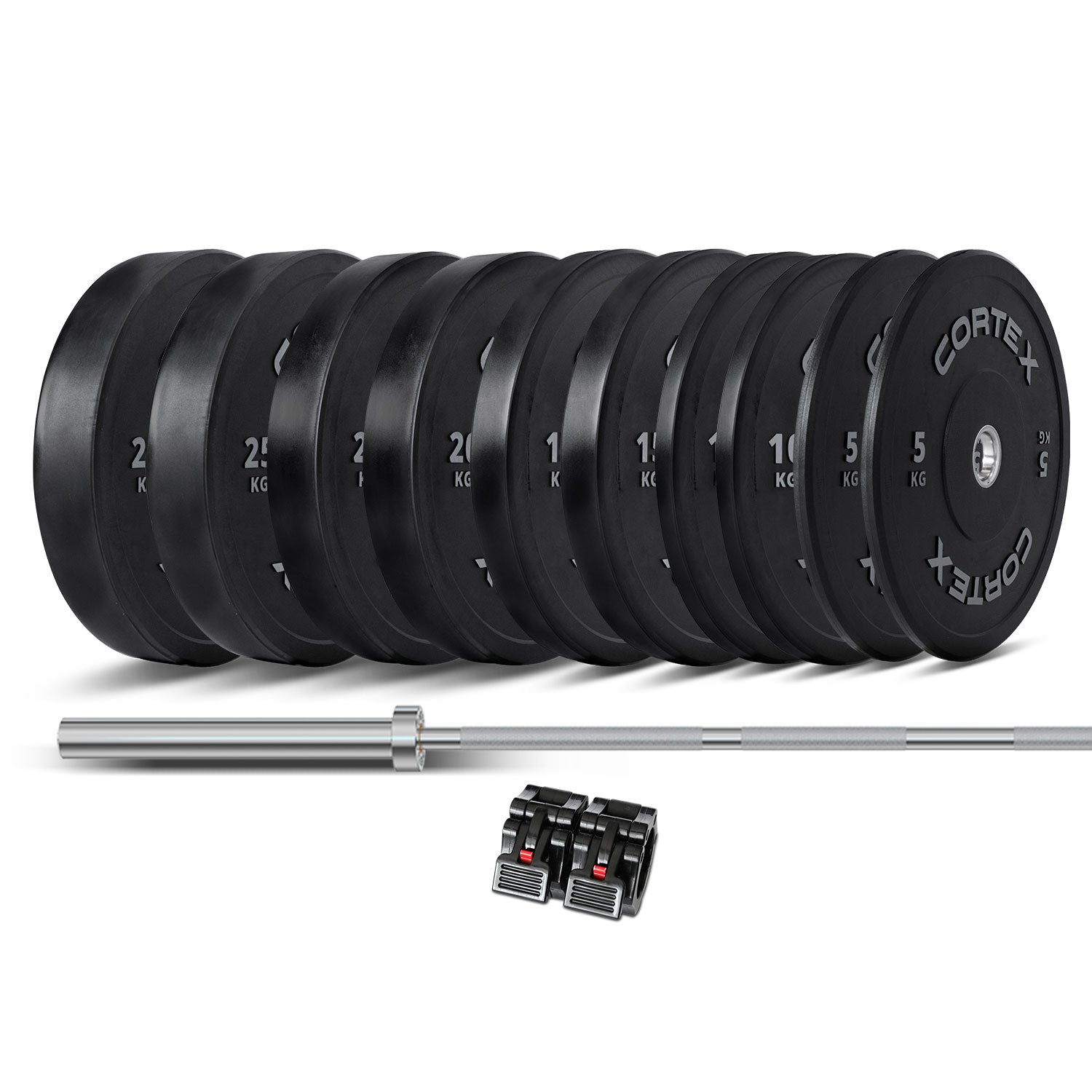 CORTEX 170kg Black Series V2 Rubber Olympic Bumper Plate Set 50mm with SPARTAN205 Barbell