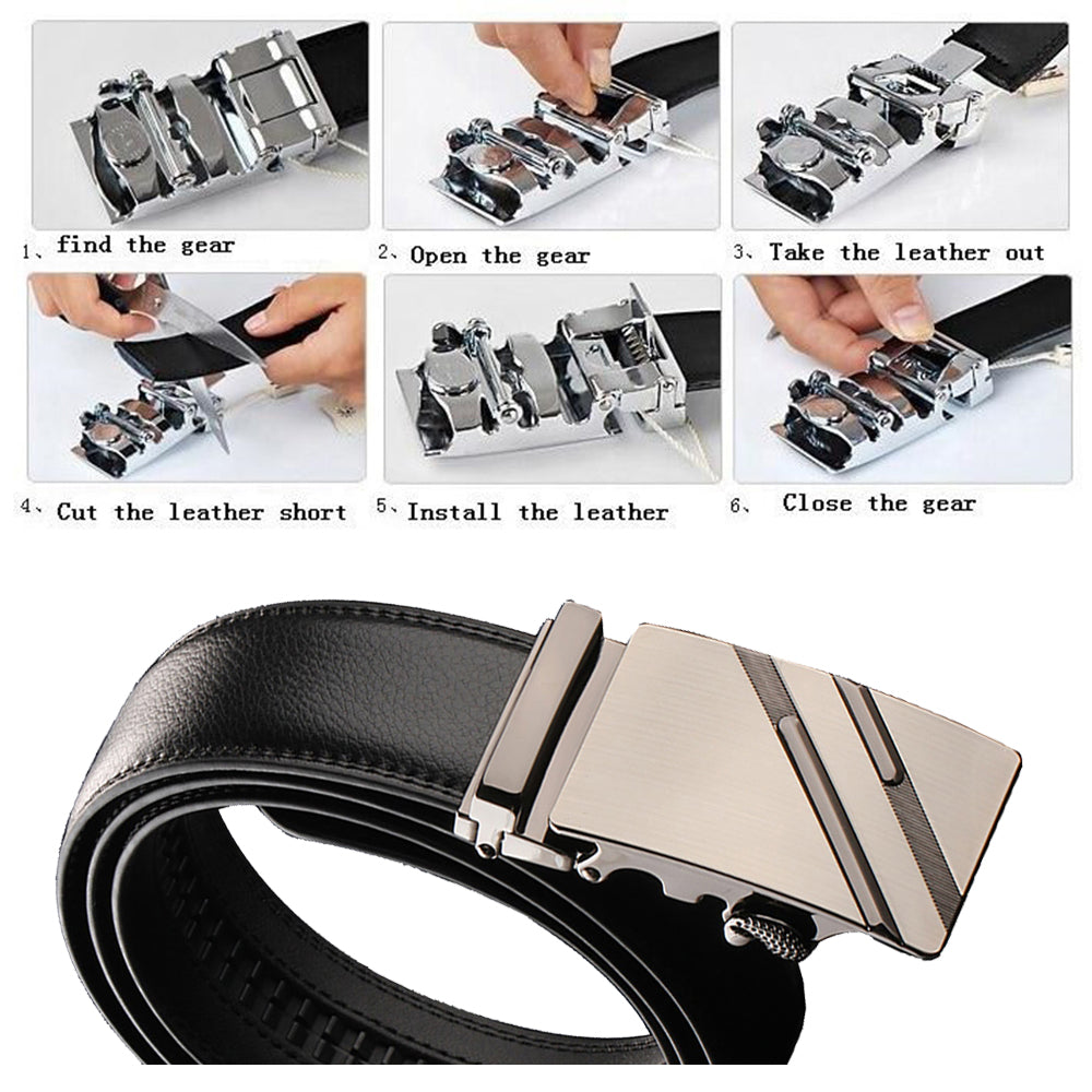 Adjustable Slide Luxury Leather Belt For Men's Automatic Buckle Ratchet Business Dress Belts (FB8501#01)