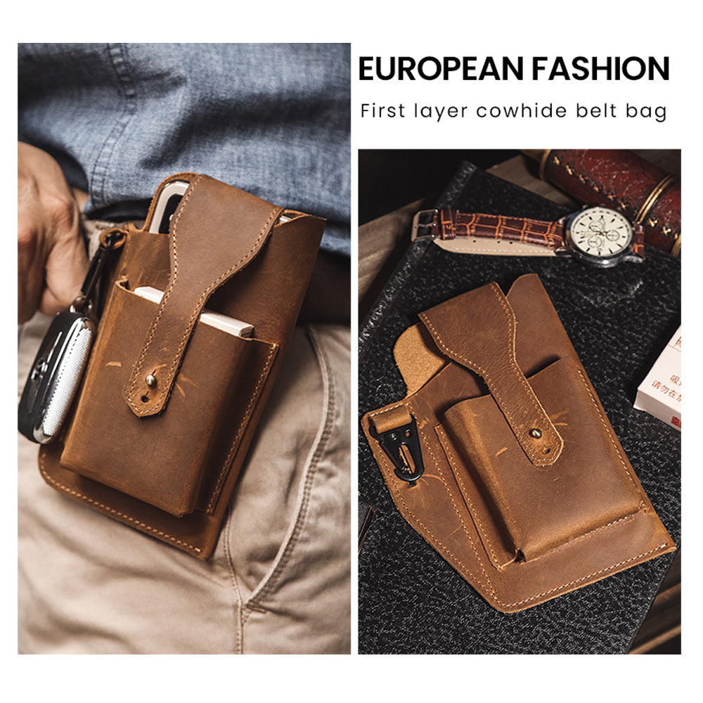 Men's Genuine Leather Retro Belt Waist Bag Cell Phone Belt Bag (Brown)