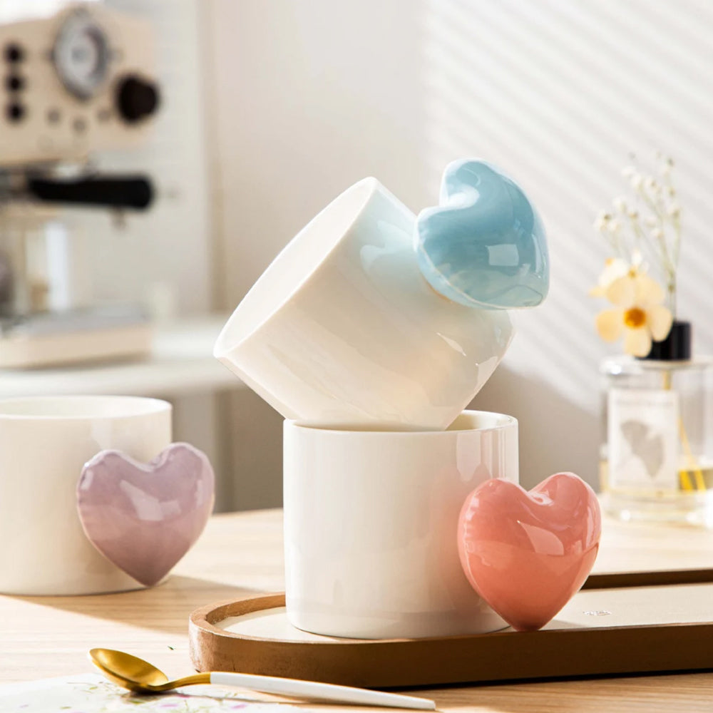 Lovely 3D Heart Love Ceramic Cup Mug Puffy Heart Handle with Gift Box (Purple)