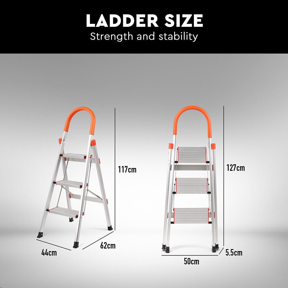 3 Step Ladder Multi Purpose Household Office Foldable Non Slip Aluminium[