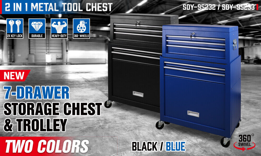 7 Drawer Tool Box Chest Cabinet Trolley Toolbox Garage Storage Lockable Blue