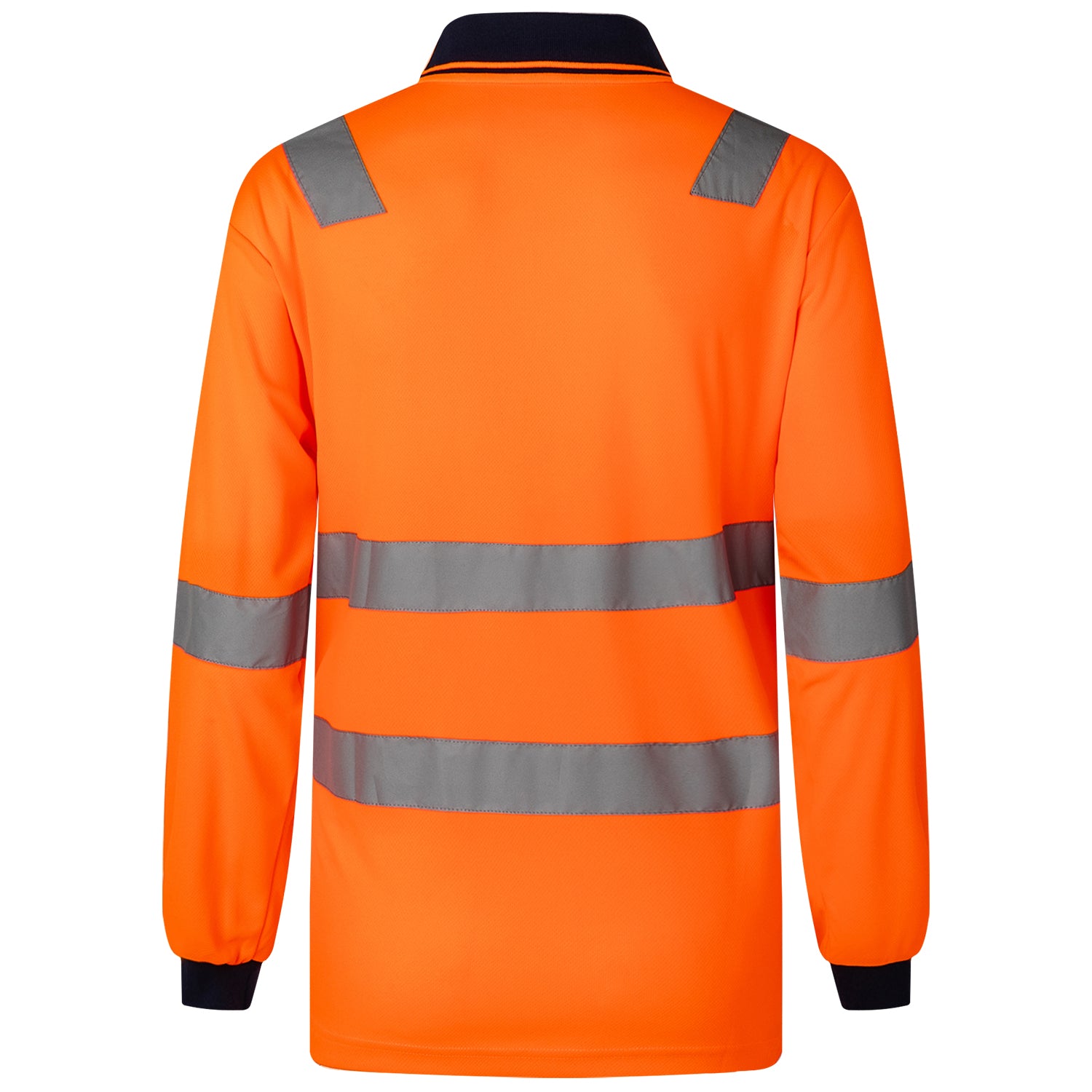 HI VIS Long Sleeve Workwear Shirt w Reflective Tape Cool Dry Safety Polo 2 Tone, Fluoro Orange / Navy, S